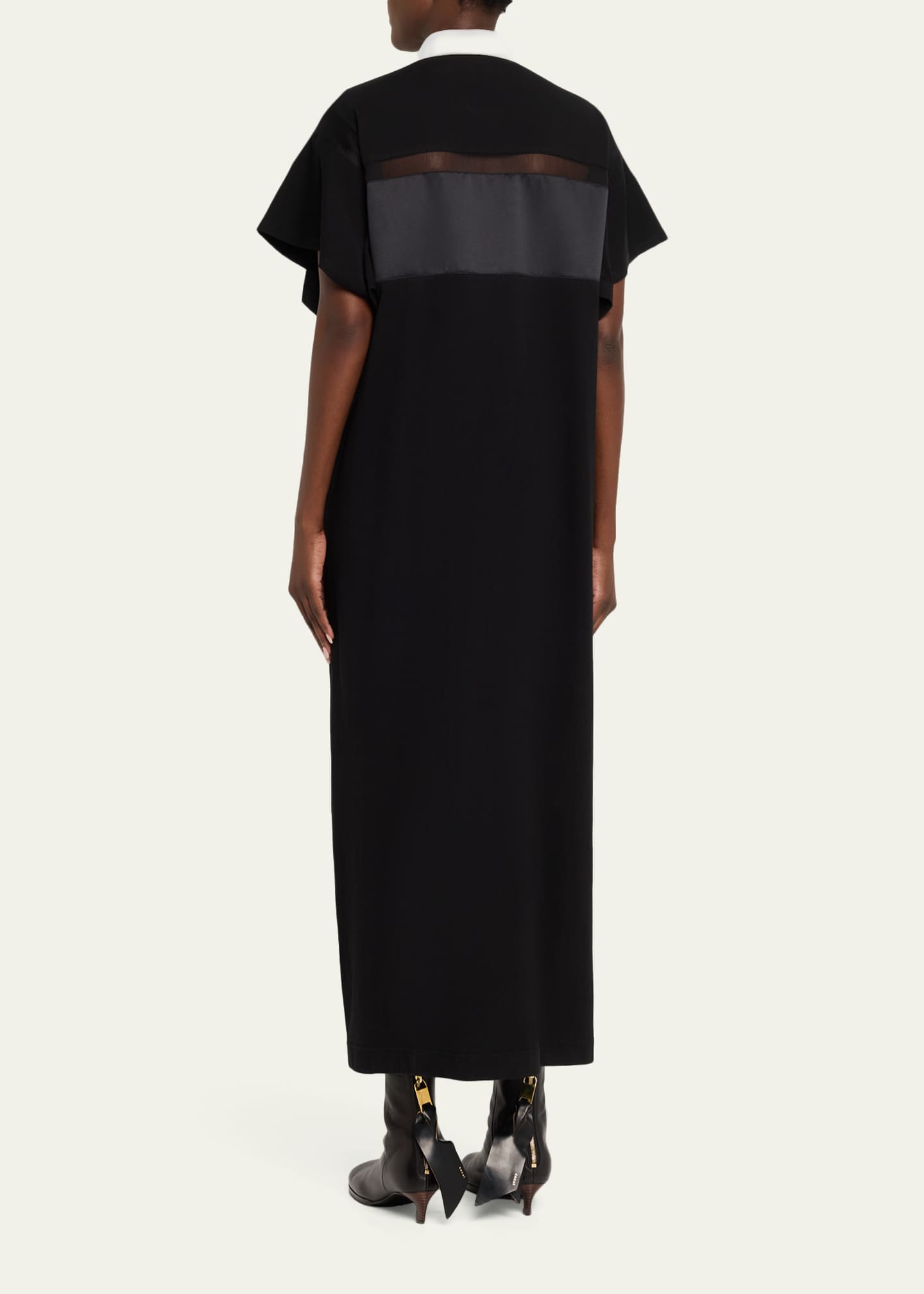 SACAI Satin-Inset Cotton Jersey Short-Sleeve Maxi Polo Dress