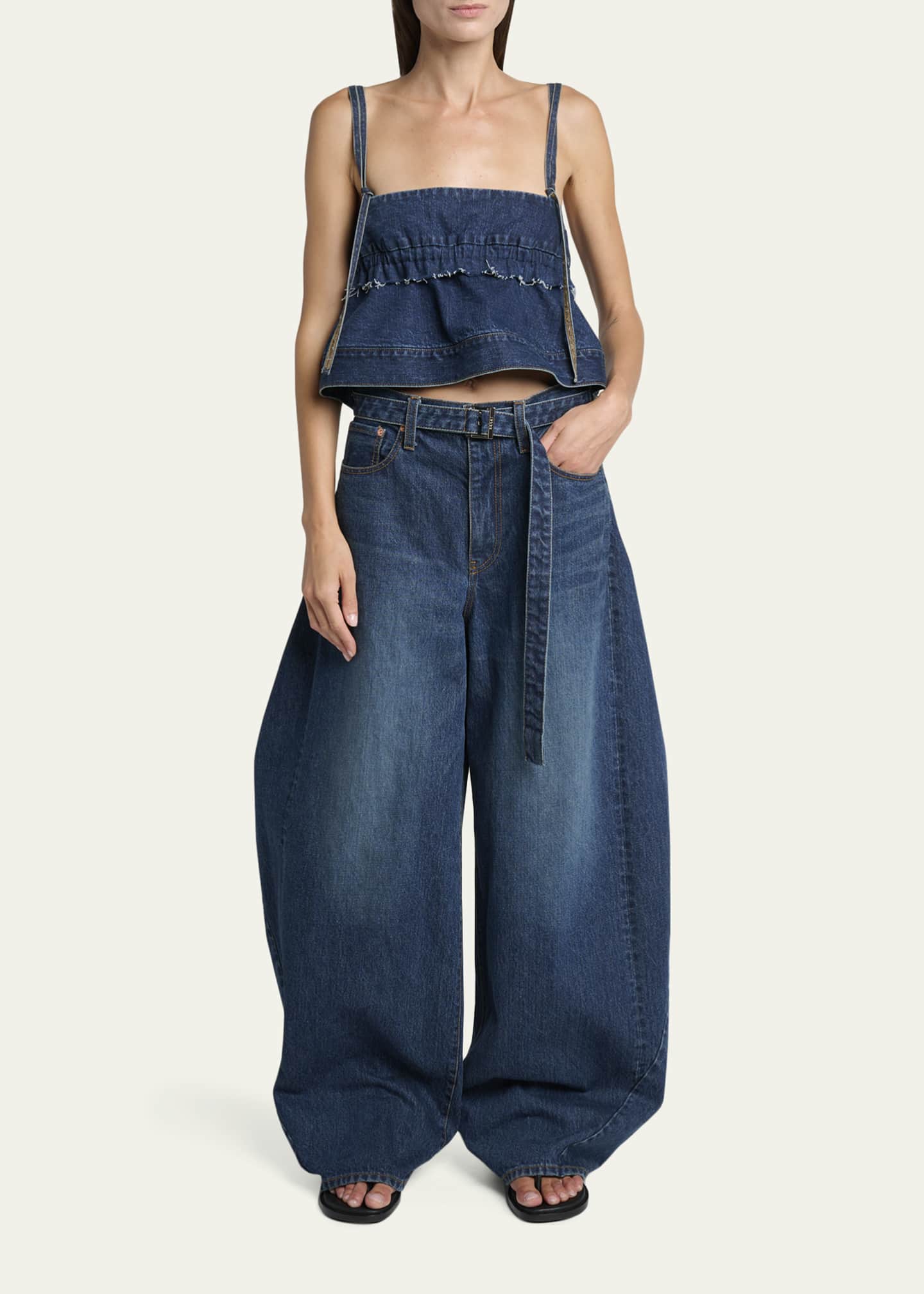 SACAI Denim Sleeveless Crop Peplum Top - Bergdorf Goodman