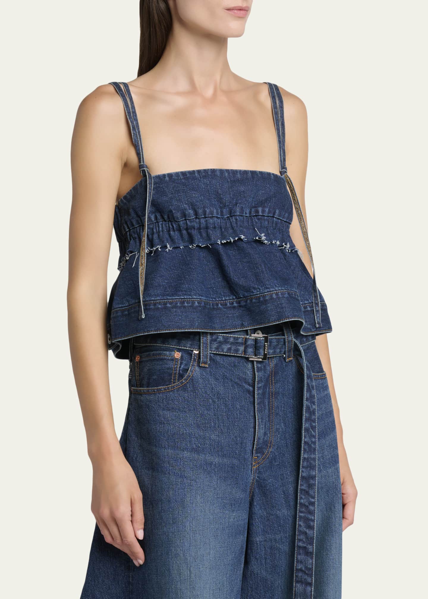 SACAI Denim Sleeveless Crop Peplum Top - Bergdorf Goodman