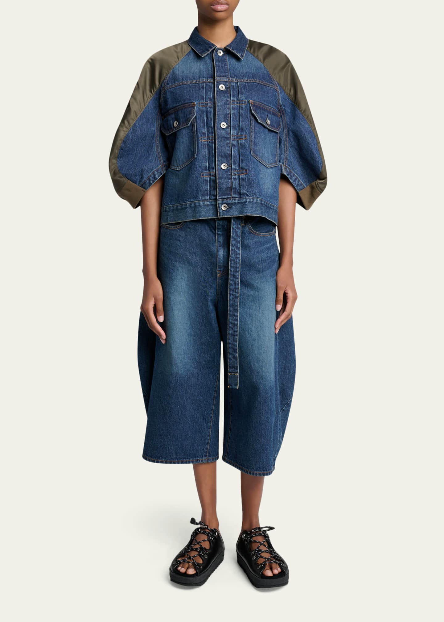 SACAI Mixed-Media Denim Bomber Jacket - Bergdorf Goodman