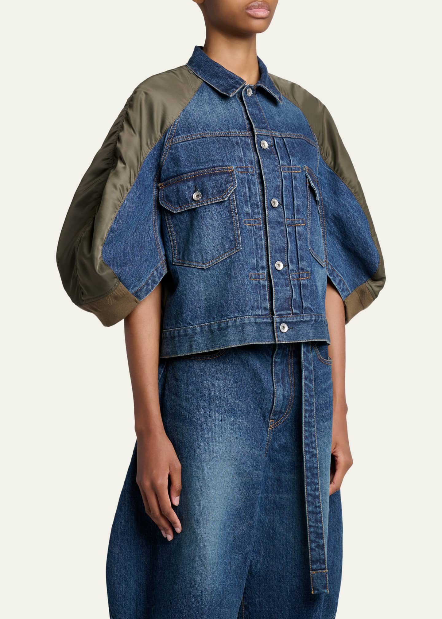 SACAI Mixed-Media Denim Bomber Jacket - Bergdorf Goodman