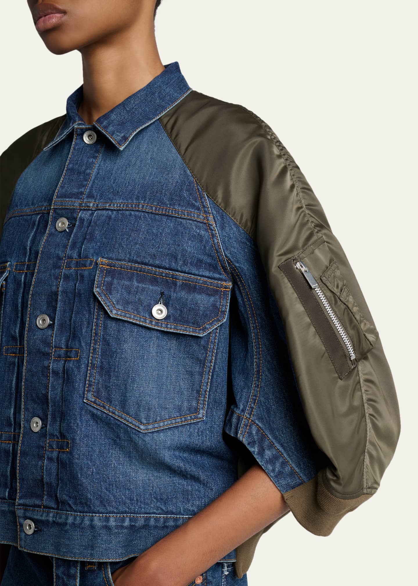 SACAI Mixed-Media Denim Bomber Jacket - Bergdorf Goodman