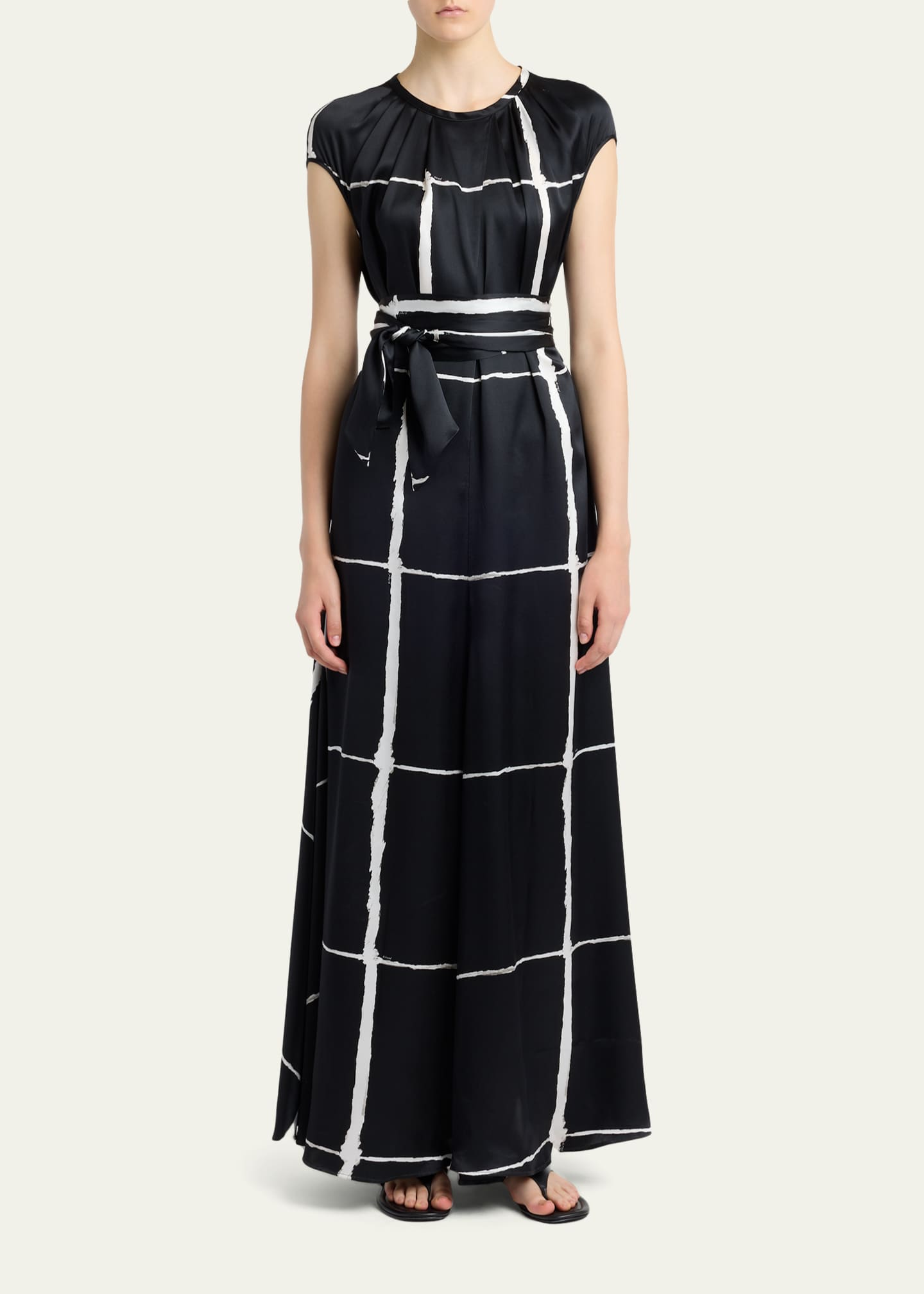 Kiton Windowpane-Print Silk Cap-Sleeve Maxi Dress - Bergdorf Goodman