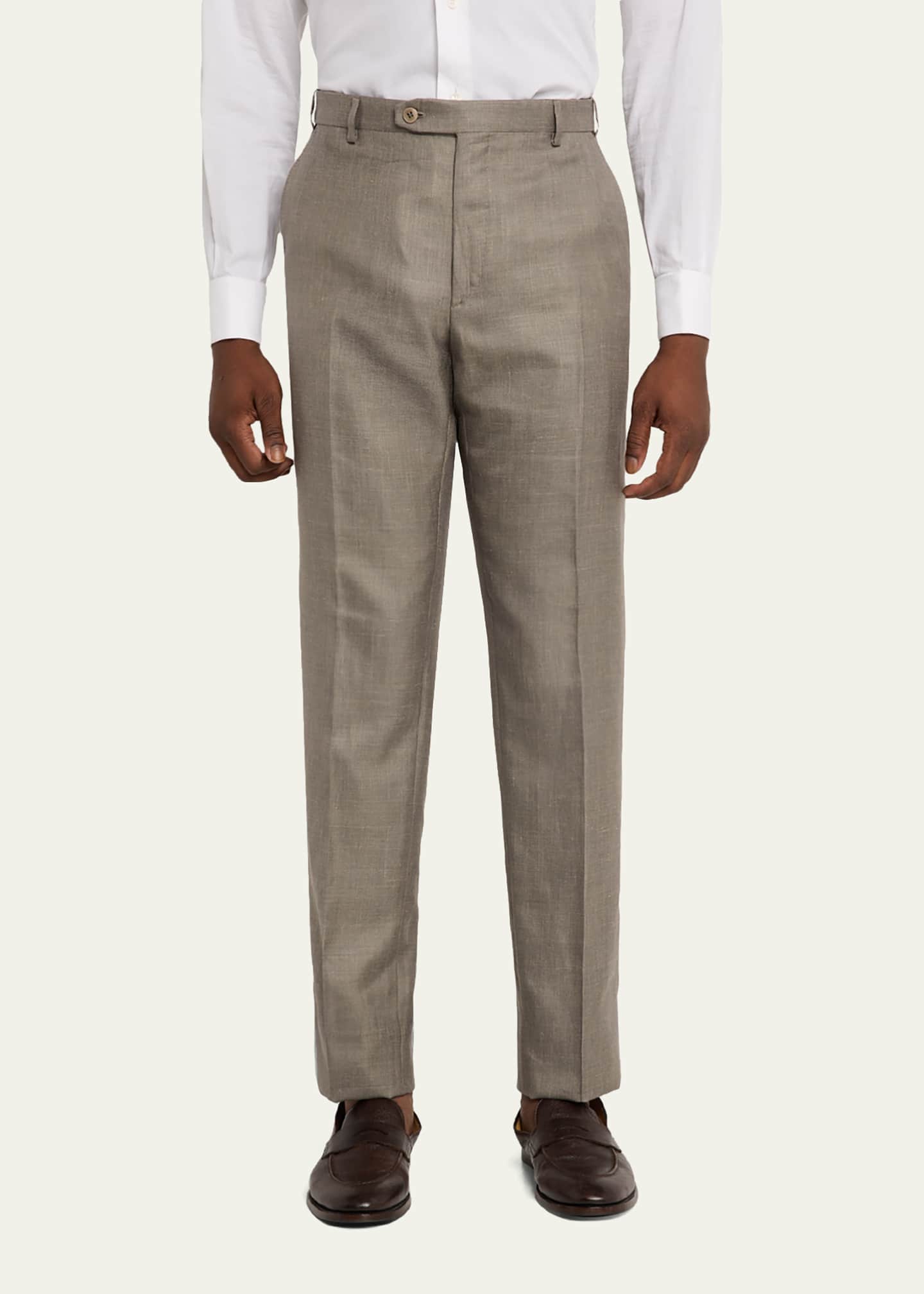 Men's Silk Twill Flat-Front Trousers In Gray