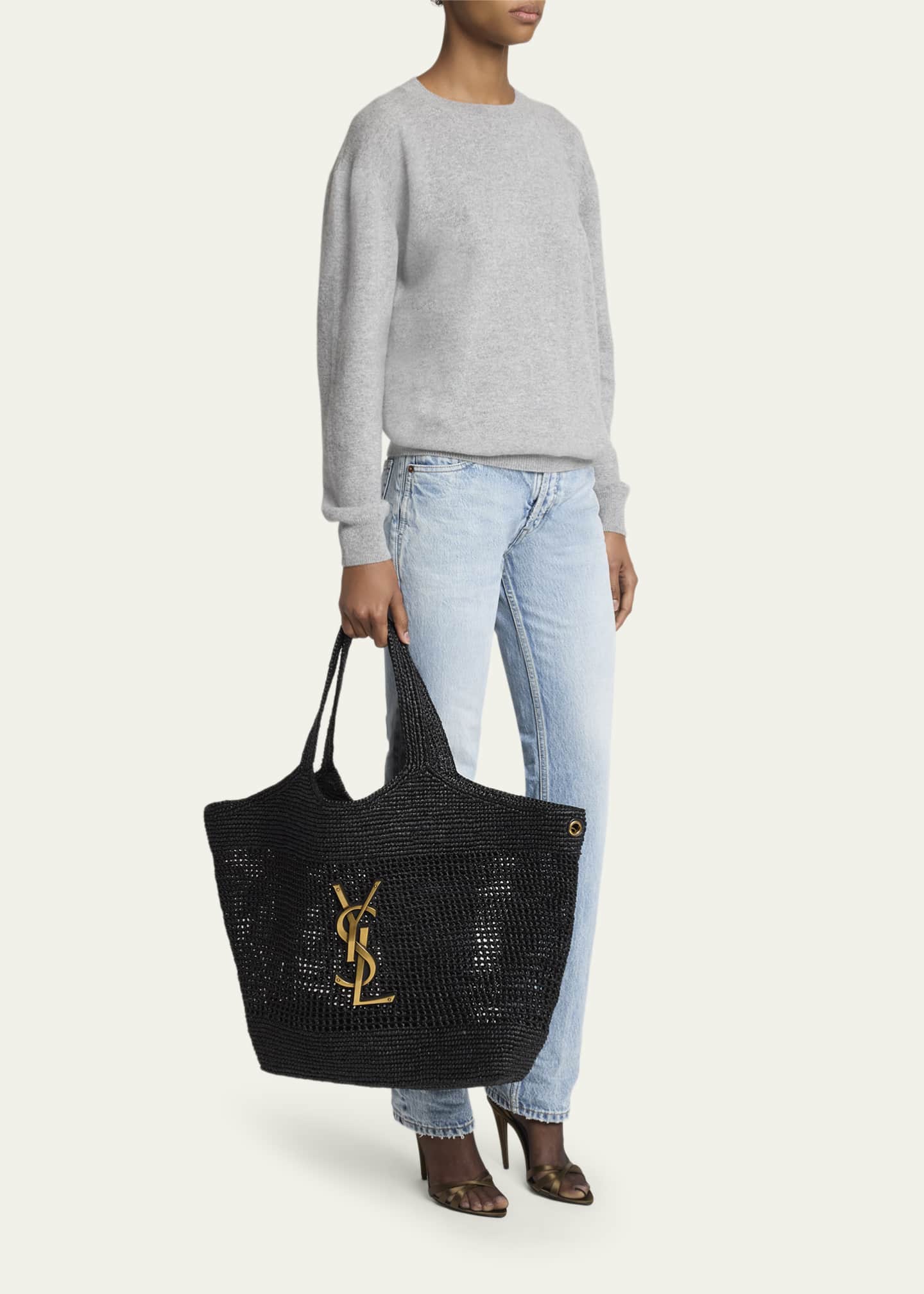 Saint Laurent ラヴァリエ 22ss Saint Laurent Icare Medium Crochet Raffia Tote Bag - Bergdorf Goodman