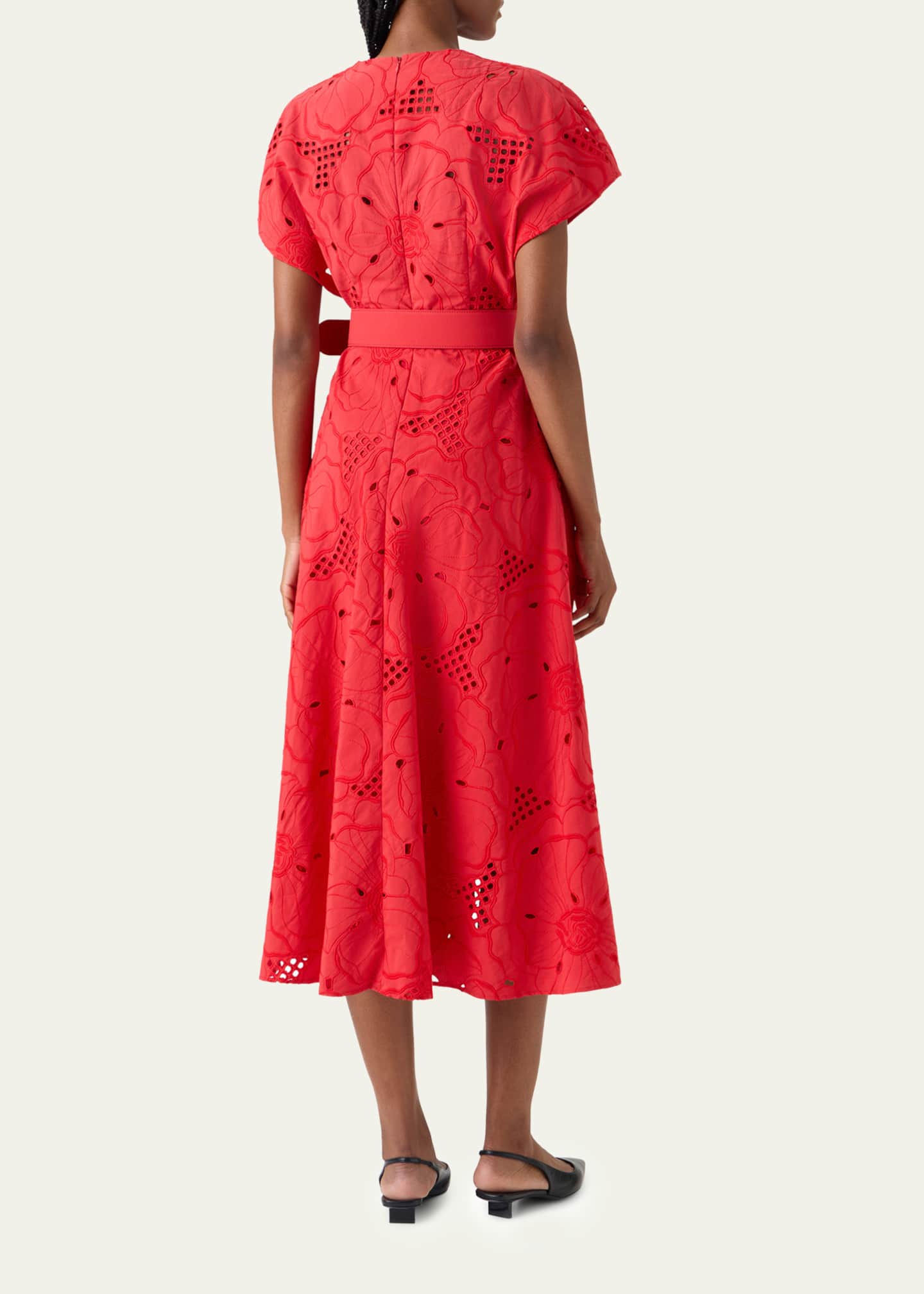 アクリス AKRIS punto レッド フレアワンピース Akris punto Floral Eyelet Embroidered Short-Sleeve Belted Midi