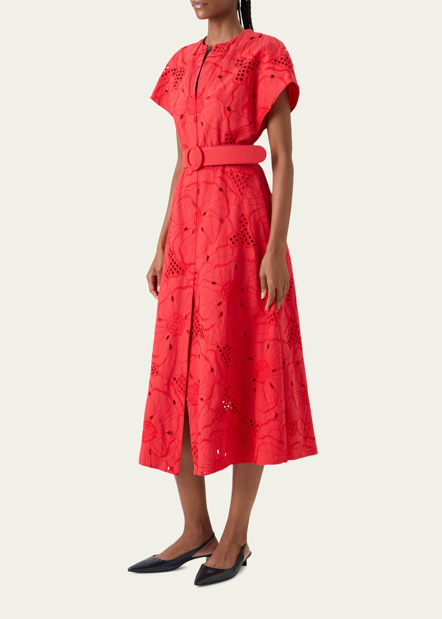 Akris punto Floral Eyelet Embroidered Short-Sleeve Belted Midi