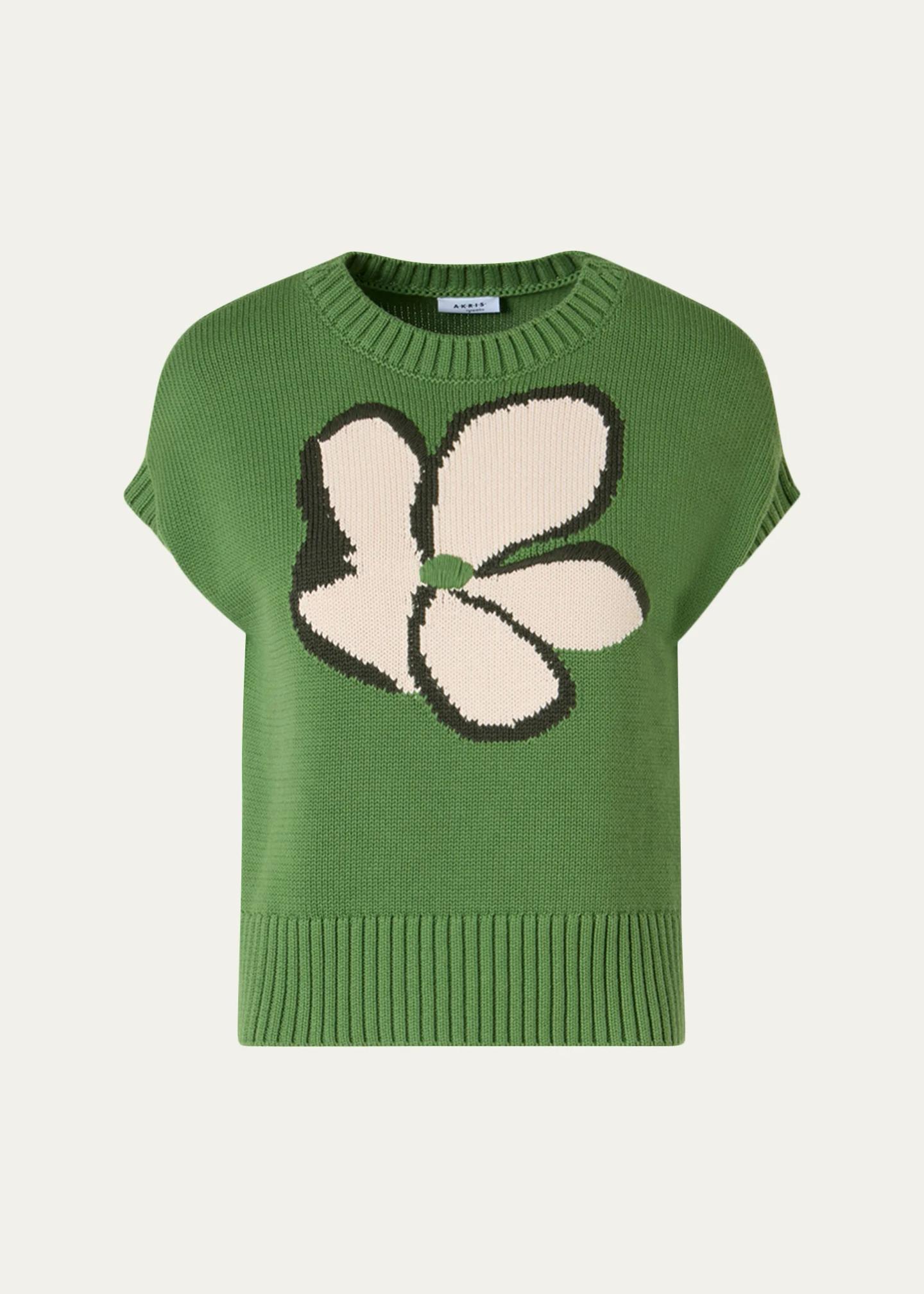 Akris punto Papercut Flower Cotton Knit Cap-Sleeve Sweater
