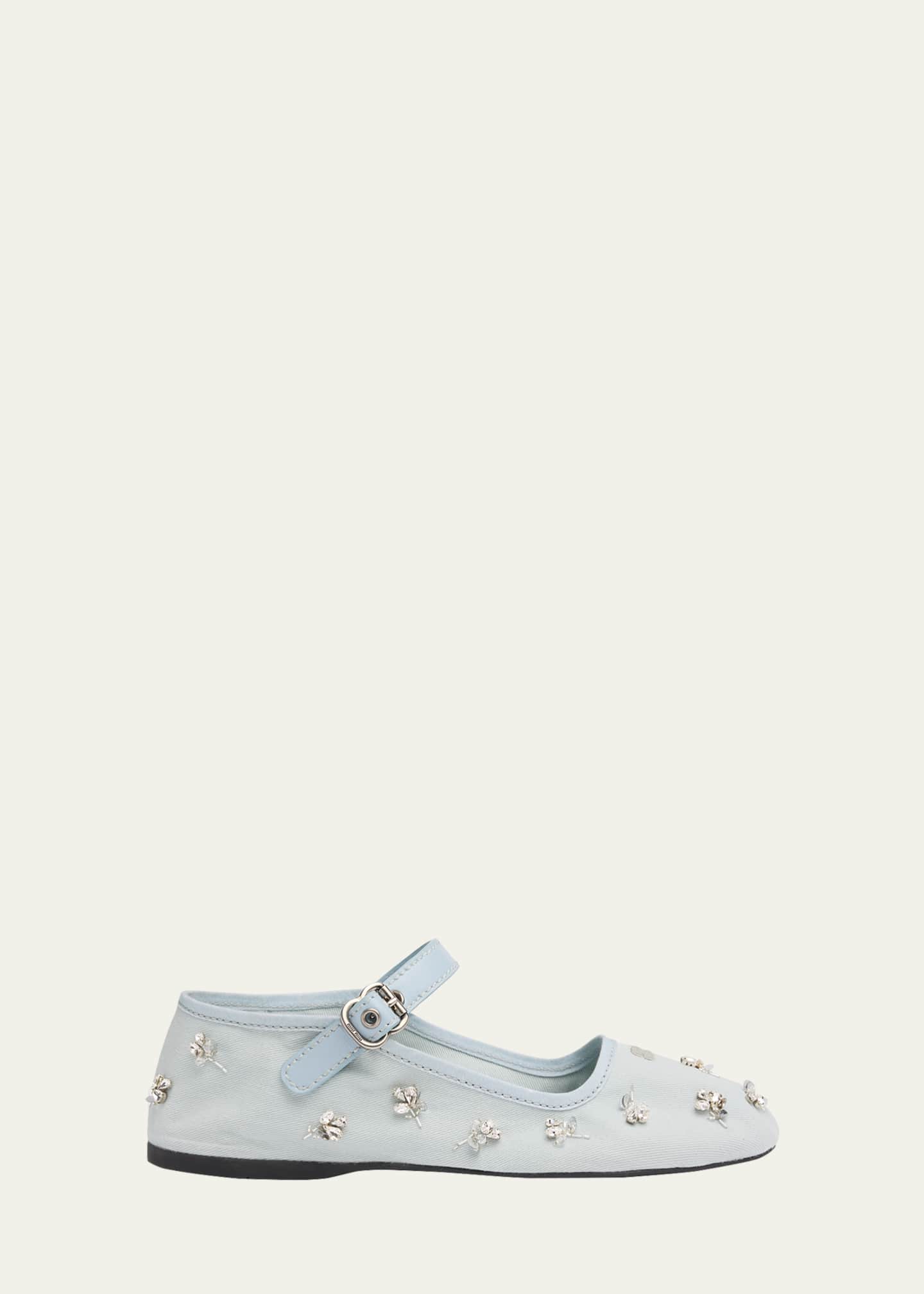 miu miu 水色 フラットシューズ Miu Miu Embellished Canvas Mary Jane Ballerina Flats - Bergdorf