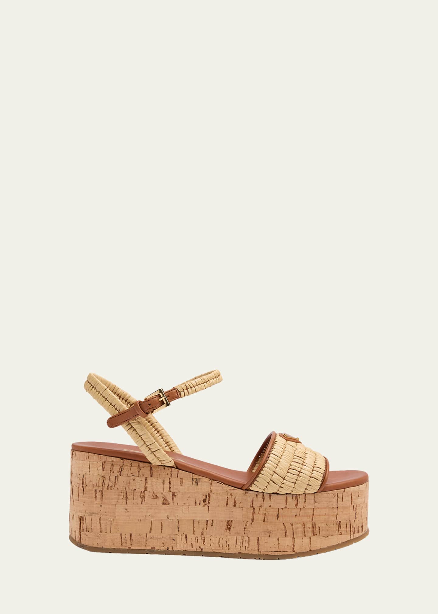 Prada 75mm Triangle Logo Raffia Platform Sandals - Bergdorf Goodman