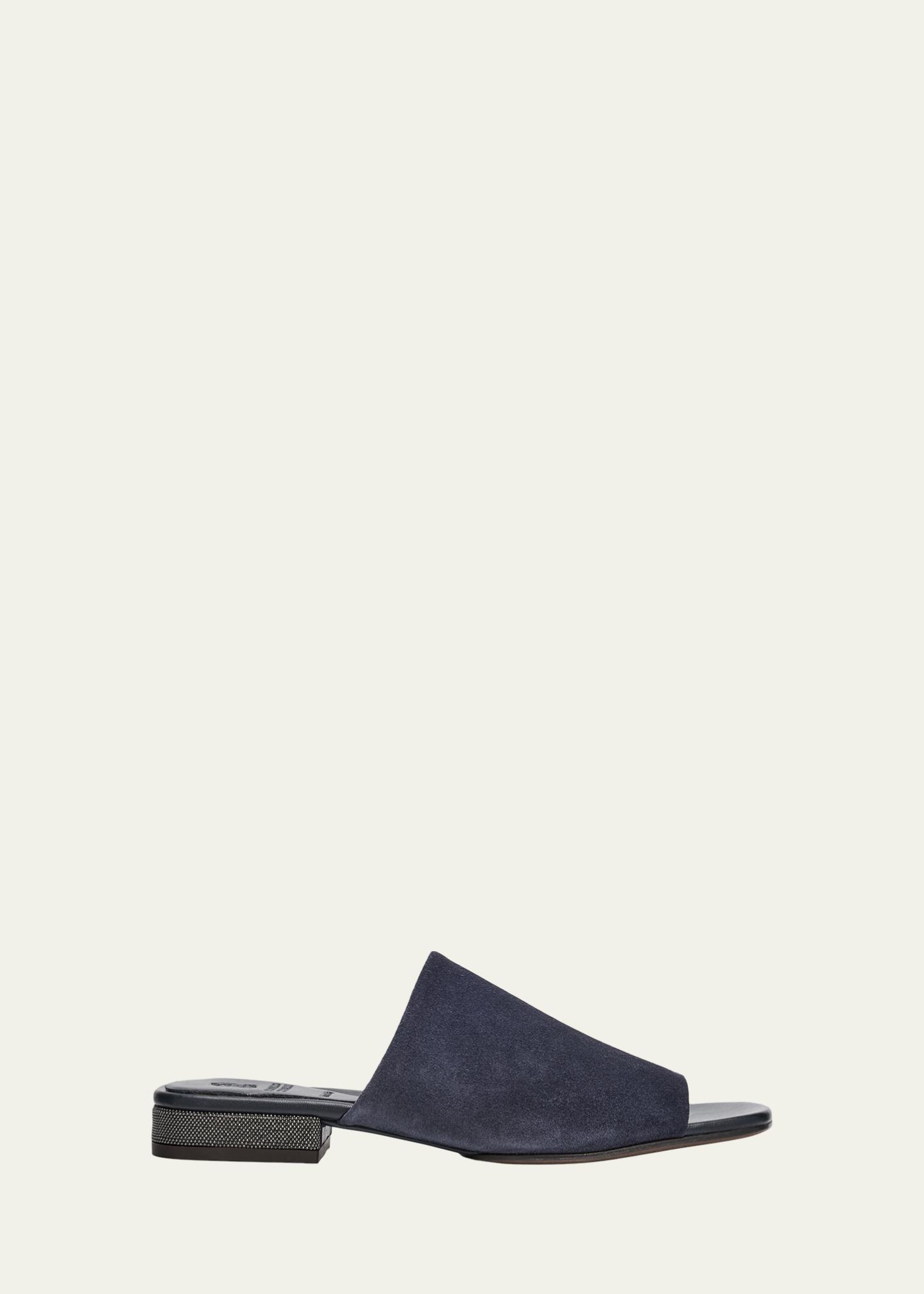 Brunello Cucinelli Suede Slide Sandals with Monili Heel  display picture 2