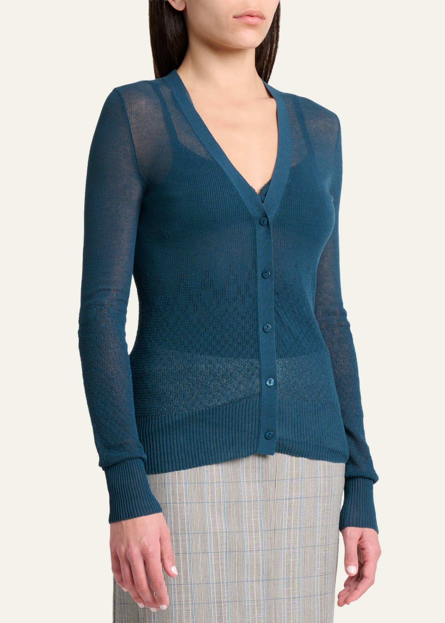 Victoria Beckham Sheer Pointelle Rib V-Neck Cardigan - Bergdorf