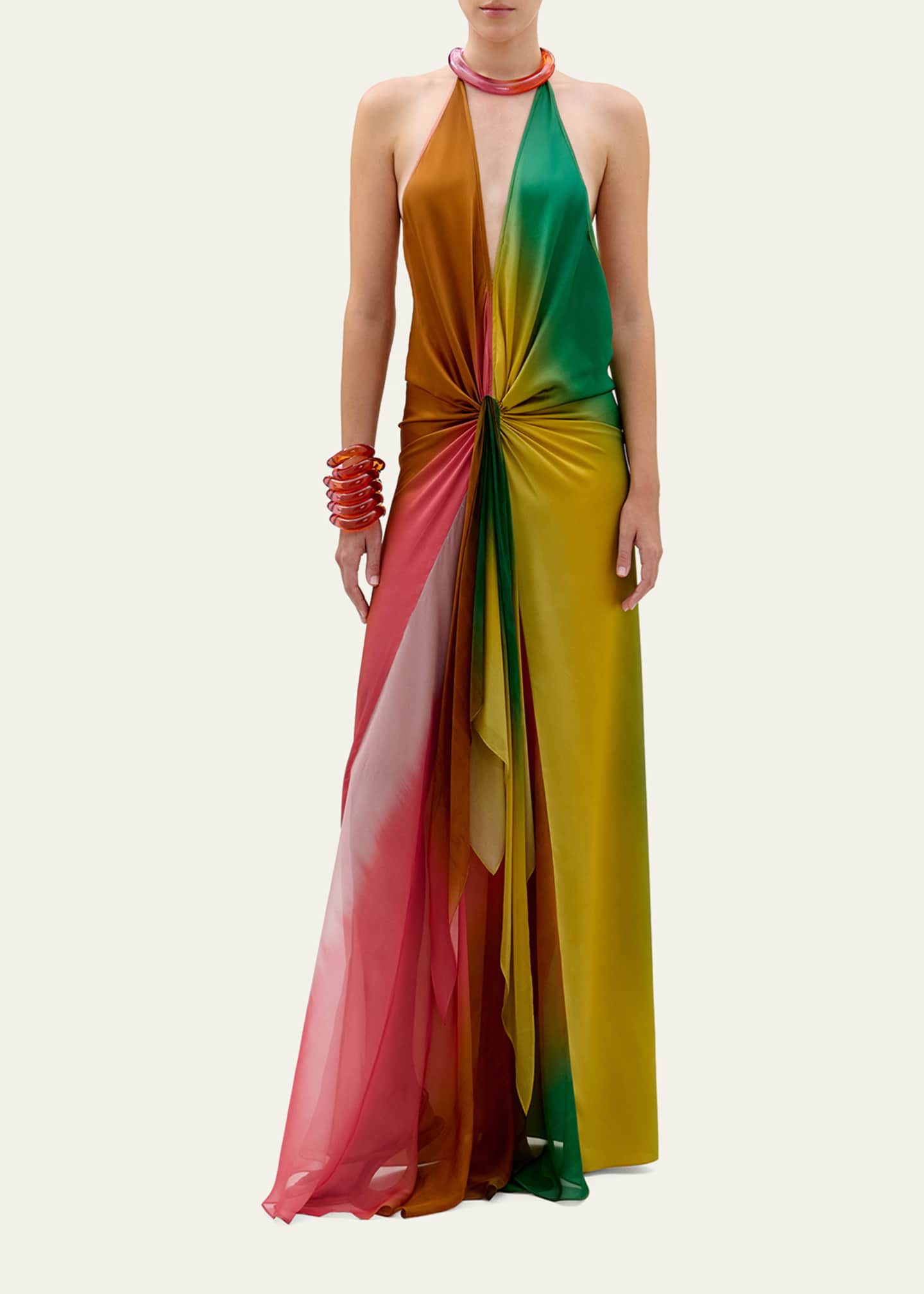 Silvia Tcherassi Dixon Twisted Satin Plunging Halter Maxi Dress