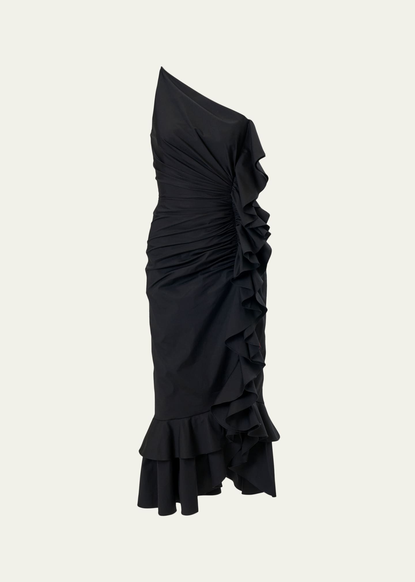 Carolina Herrera One-Shoulder Ruched Ruffle Midi Dress - Bergdorf Goodman
