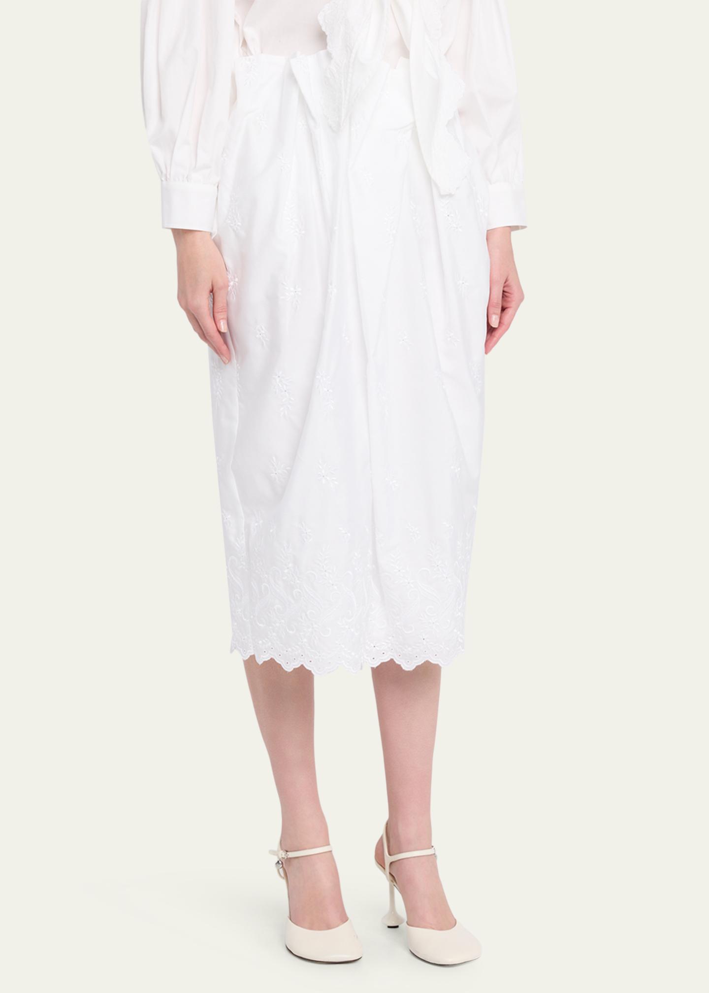 Simone Rocha Pleated Waist Eyelet Embroidered Midi Pencil Skirt 