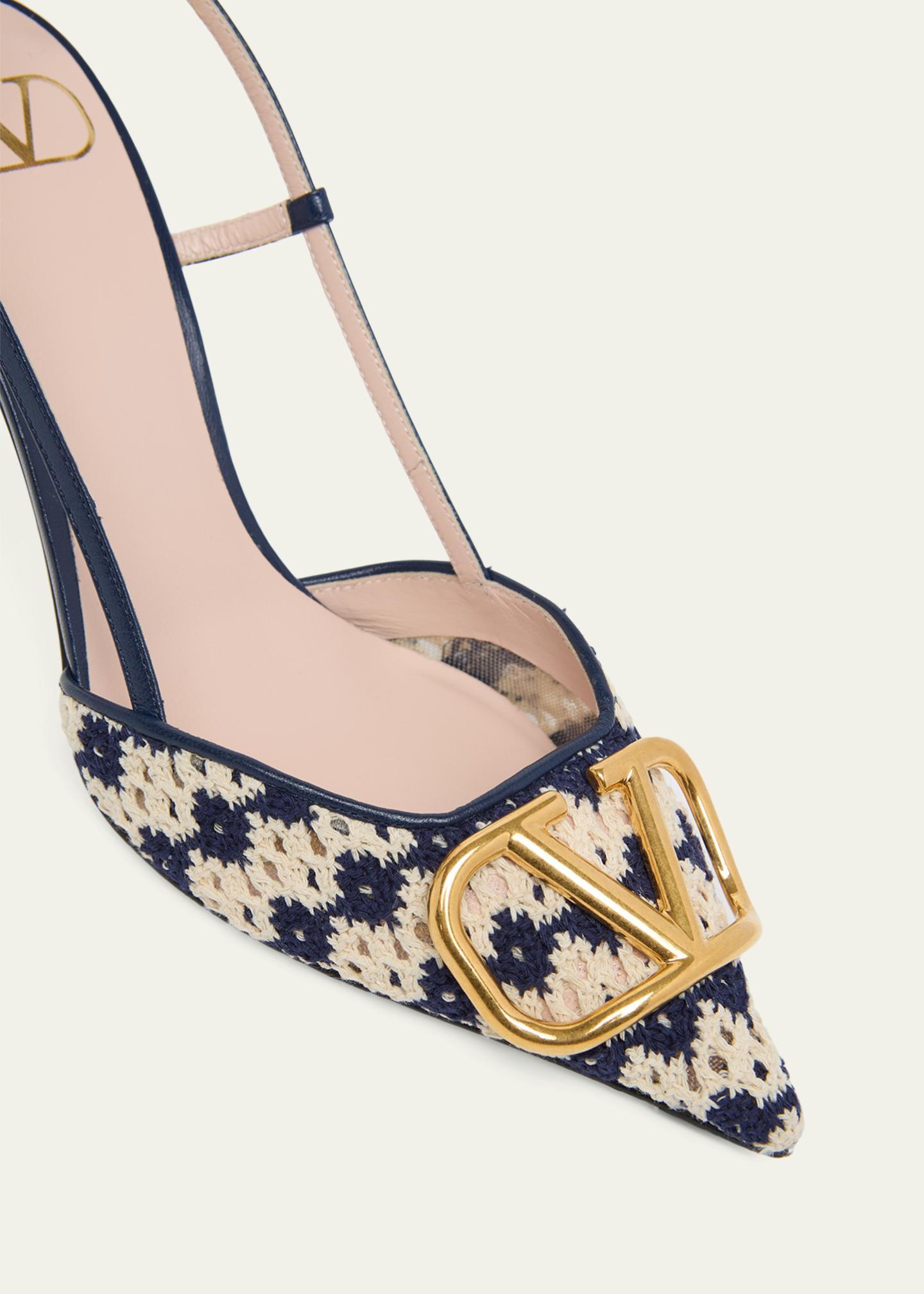 Valentino Garavani 80mm VLogo Crochet and Leather Slingback Pumps