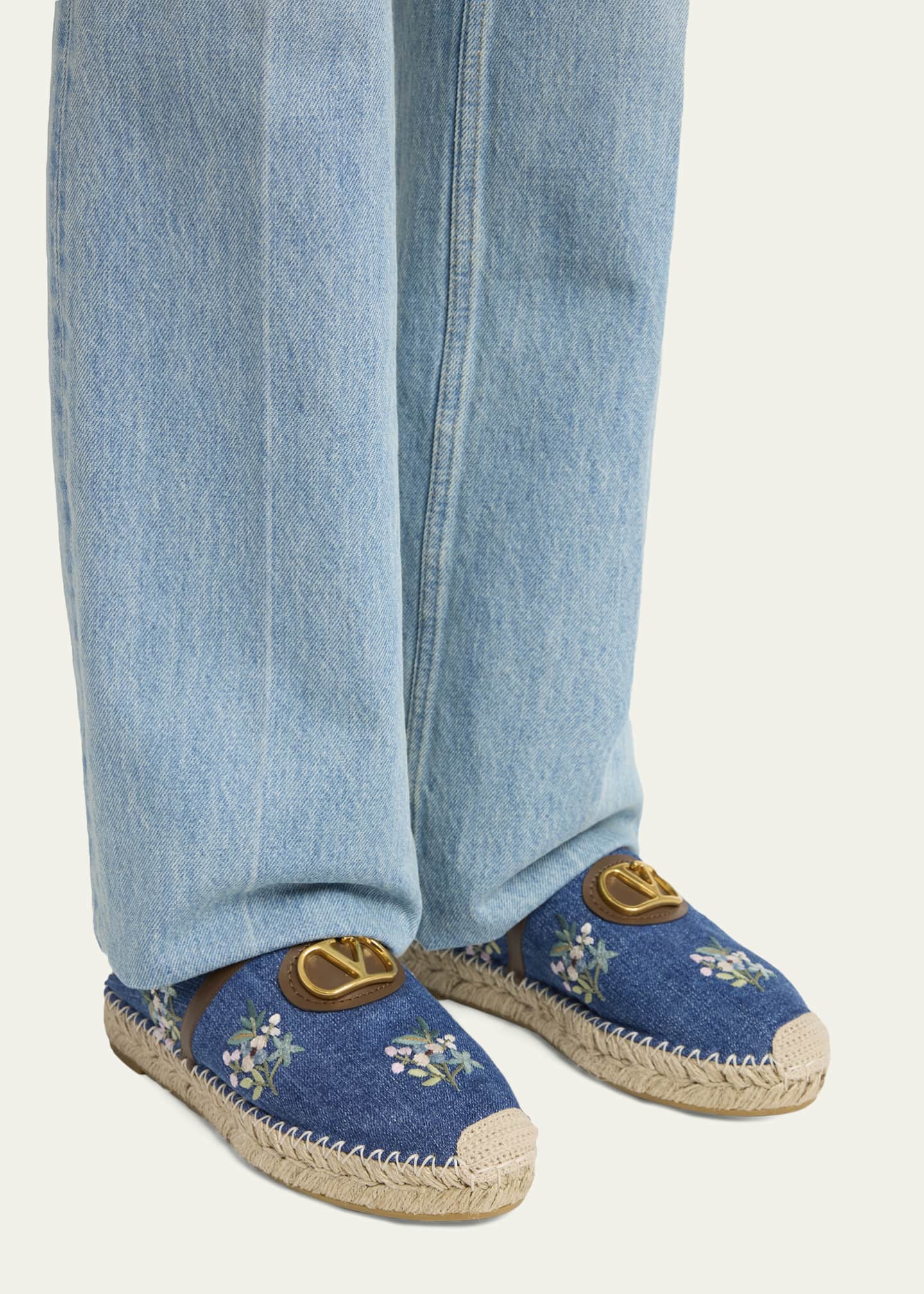 Valentino Garavani VLogo Floral-Embroidered Denim Espadrille Mules