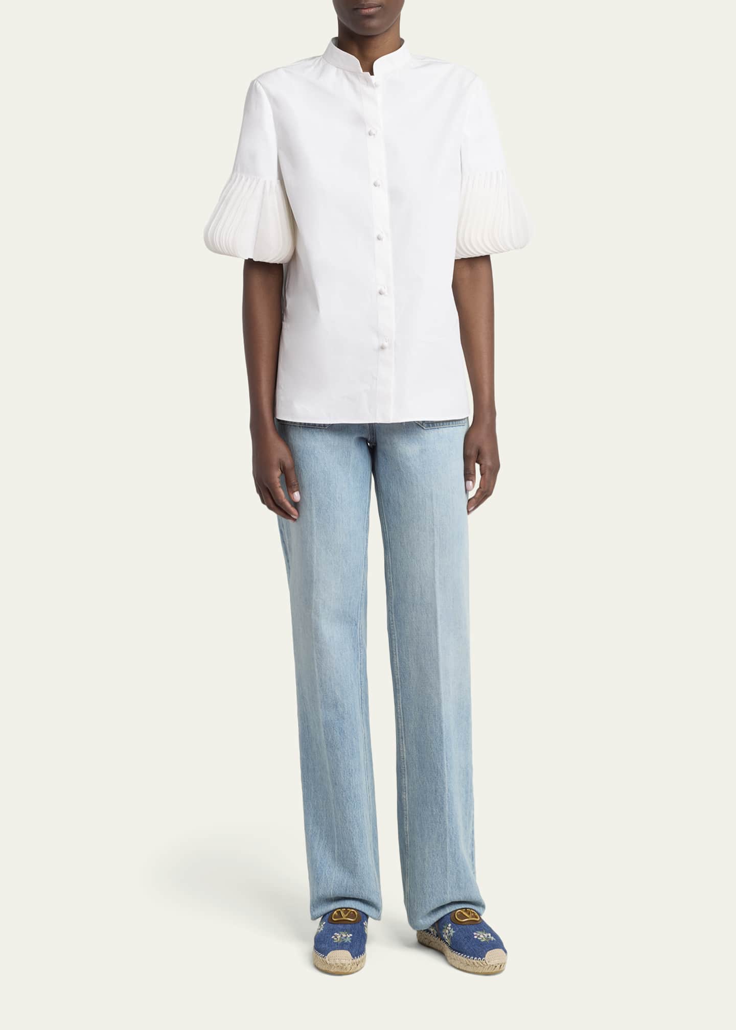 Valentino Garavani VLogo Floral-Embroidered Denim Espadrille Mules
