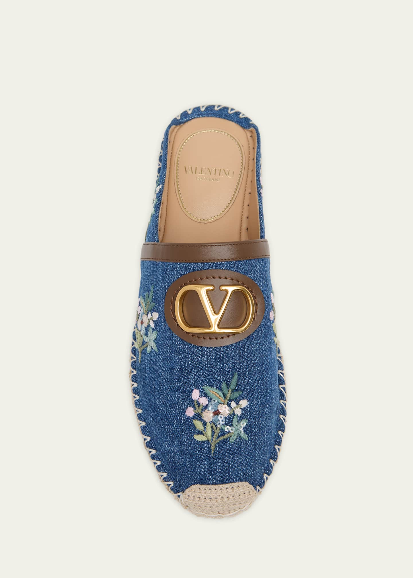 Valentino Garavani VLogo Floral-Embroidered Denim Espadrille Mules