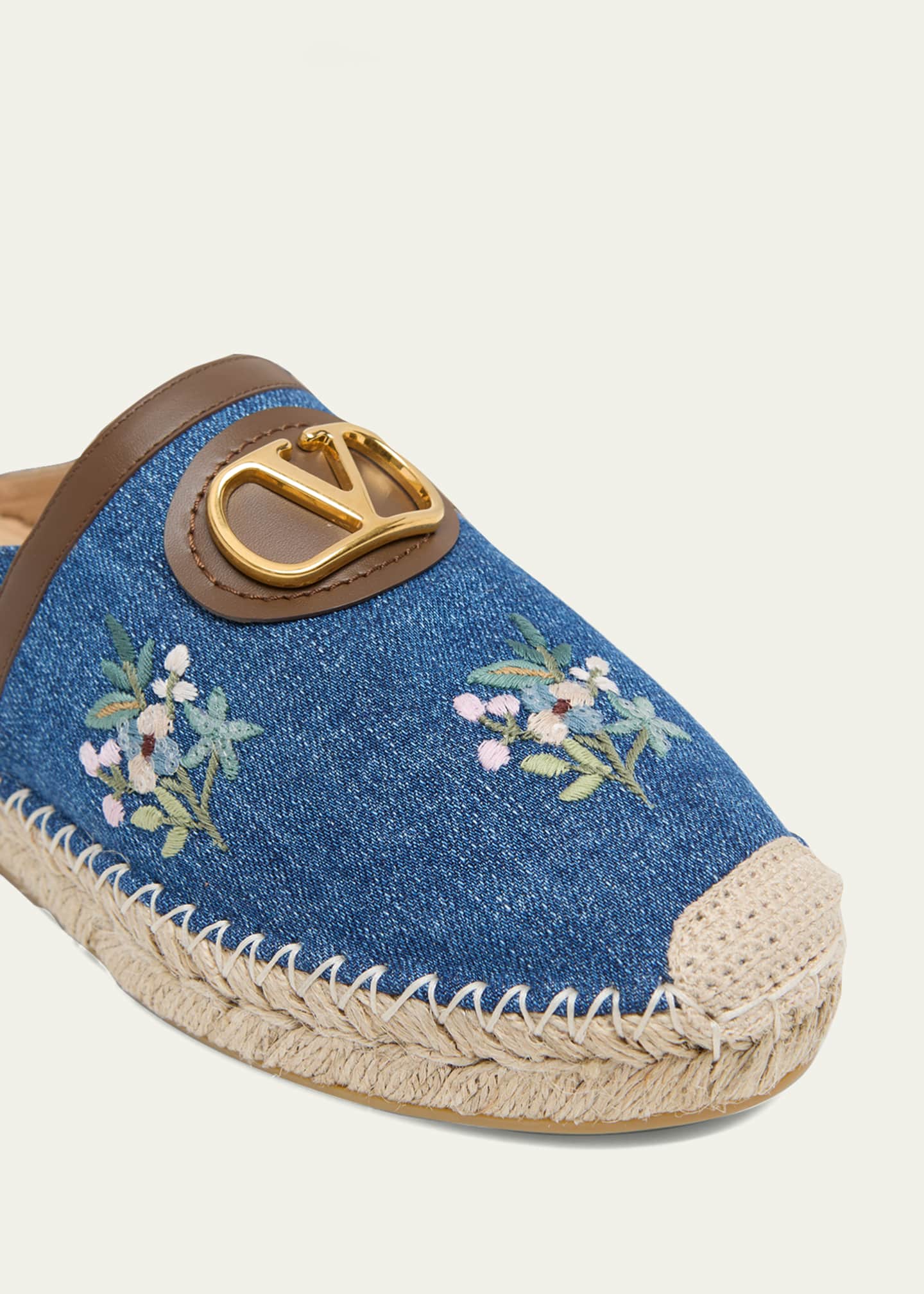 Valentino Garavani VLogo Floral-Embroidered Denim Espadrille Mules