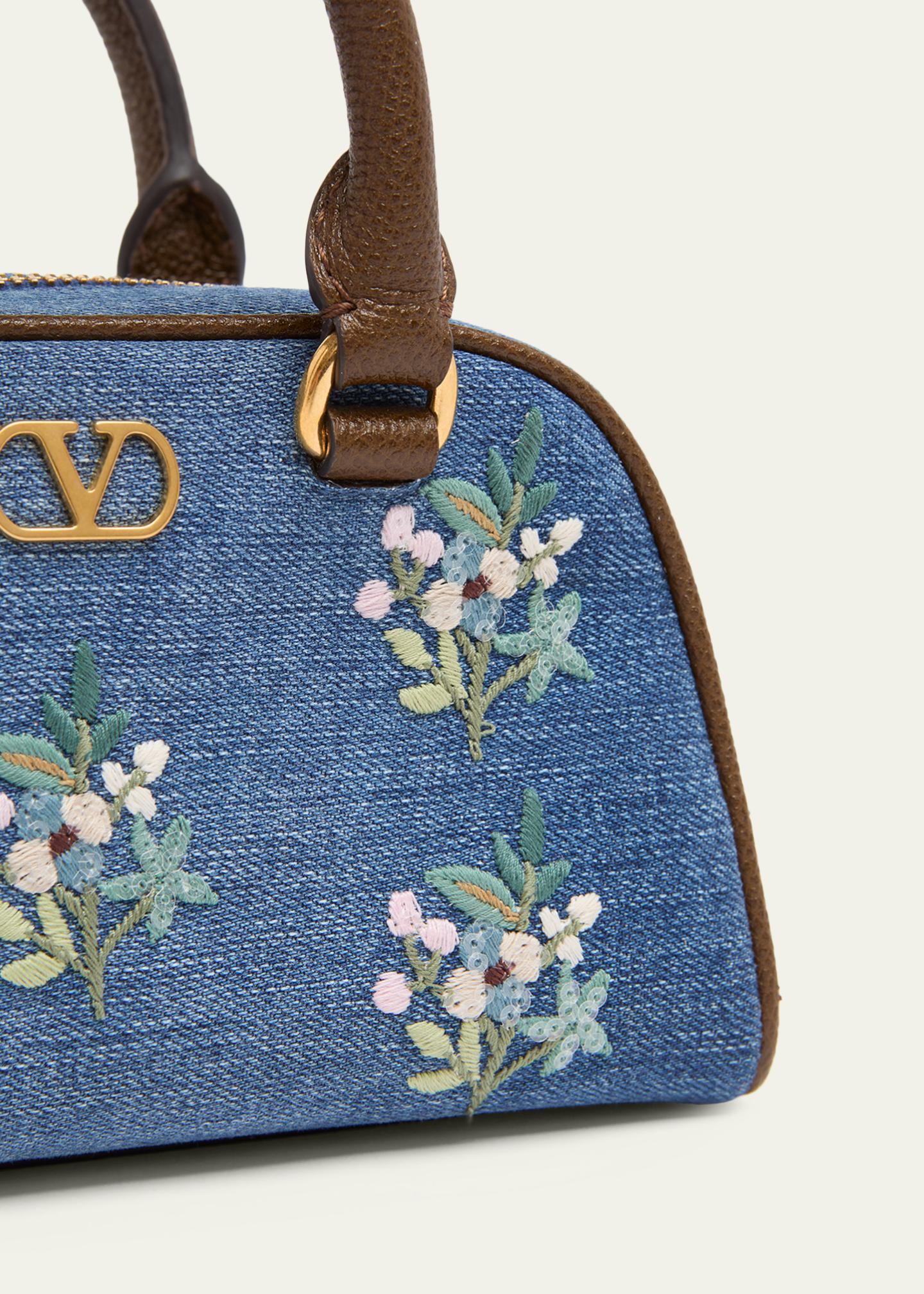 Valentino Garavani Floral-Embroidered Denim VLogo Top-Handle Bag
