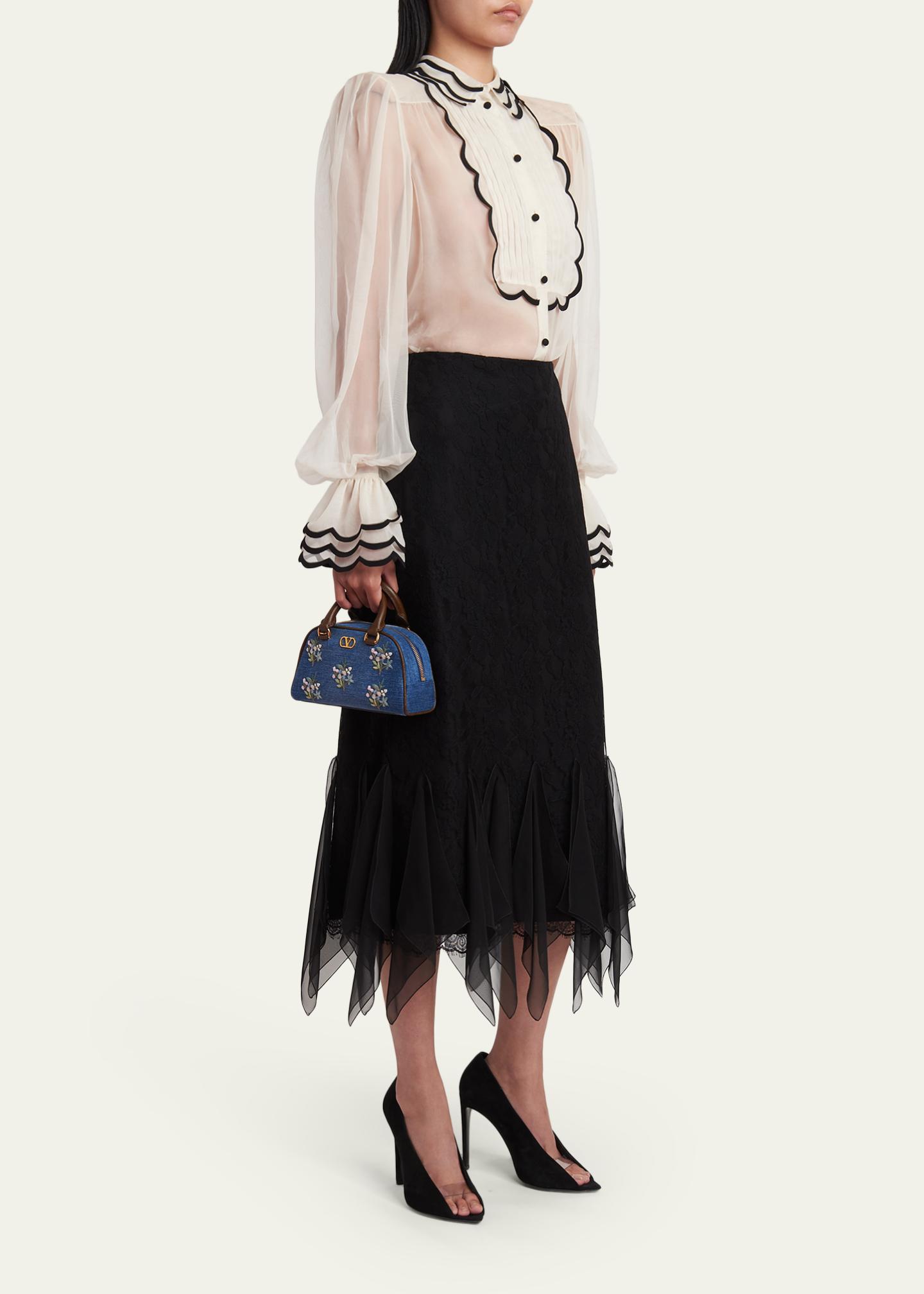 Valentino Garavani Floral-Embroidered Denim VLogo Top-Handle Bag