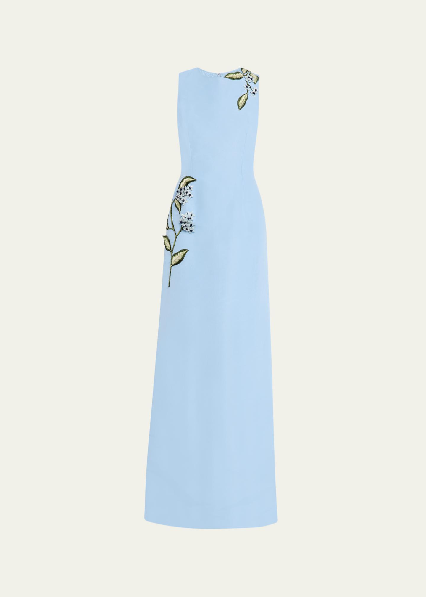 Oscar de la Renta Sleeveless Porcelain Flowers Embroidered Faille Gown