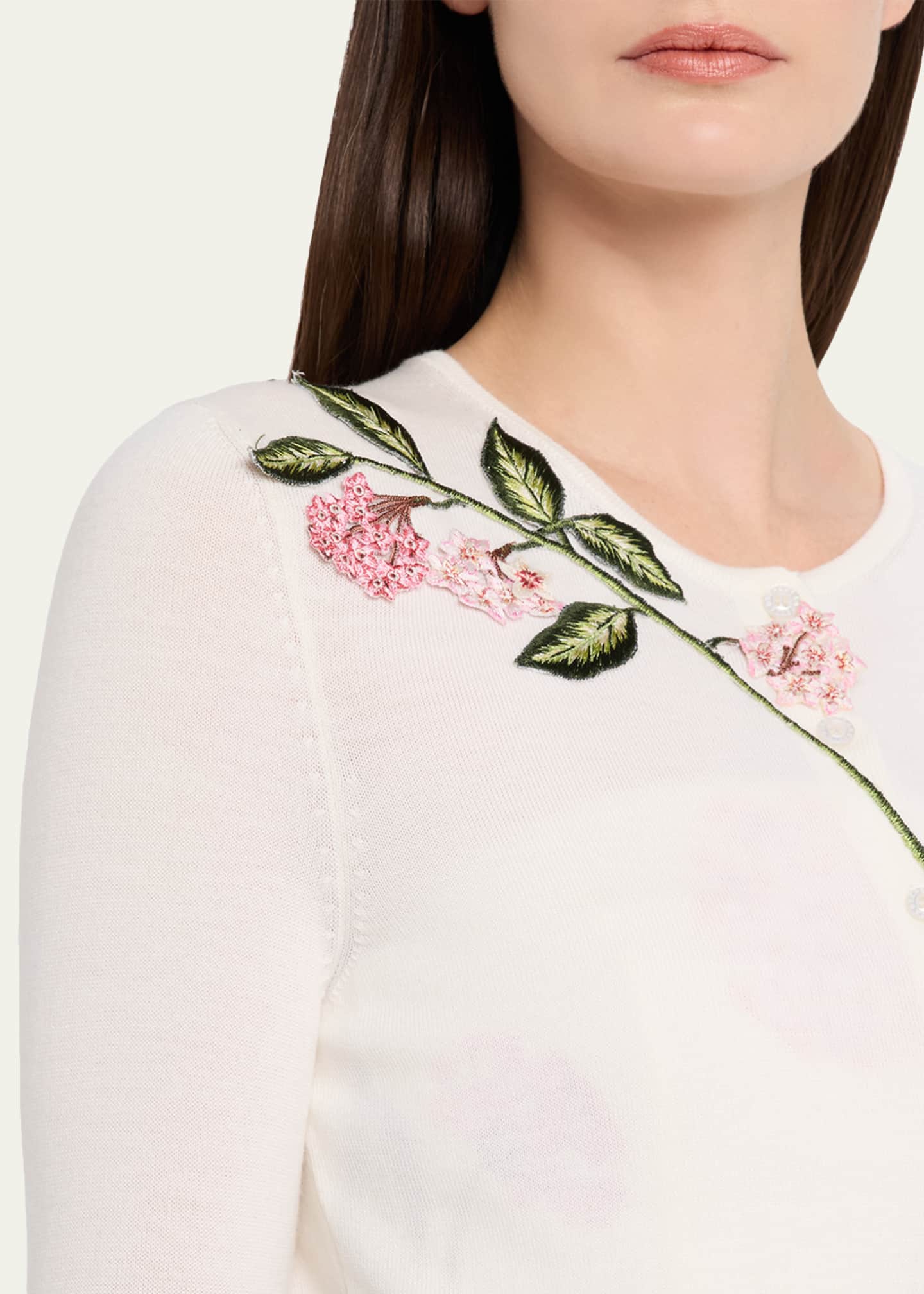 Oscar de la Renta Porcelain Flower Embroidered Crop Crewneck