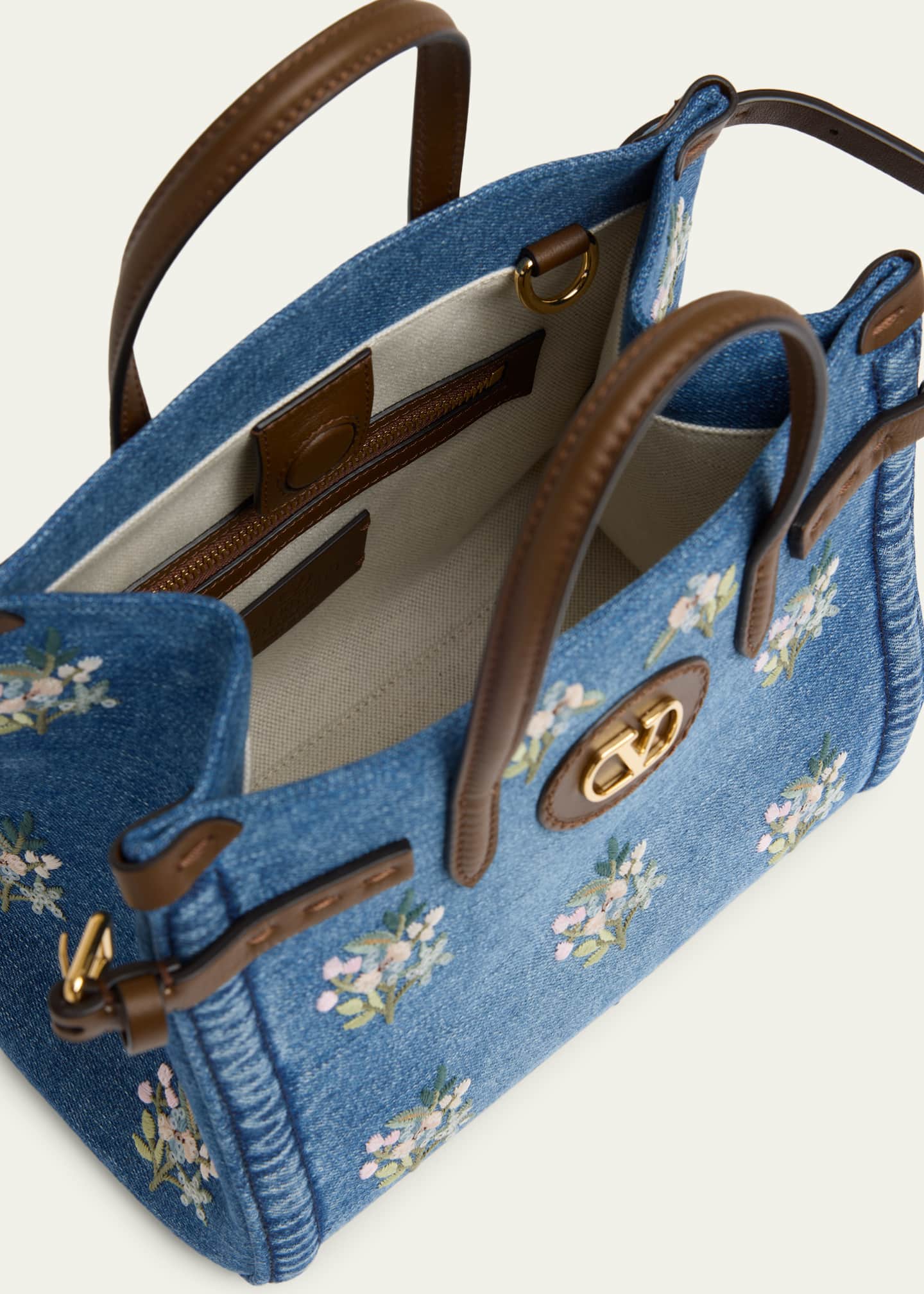 Valentino Garavani Antibes Small Floral-Embroidered Denim Tote Bag