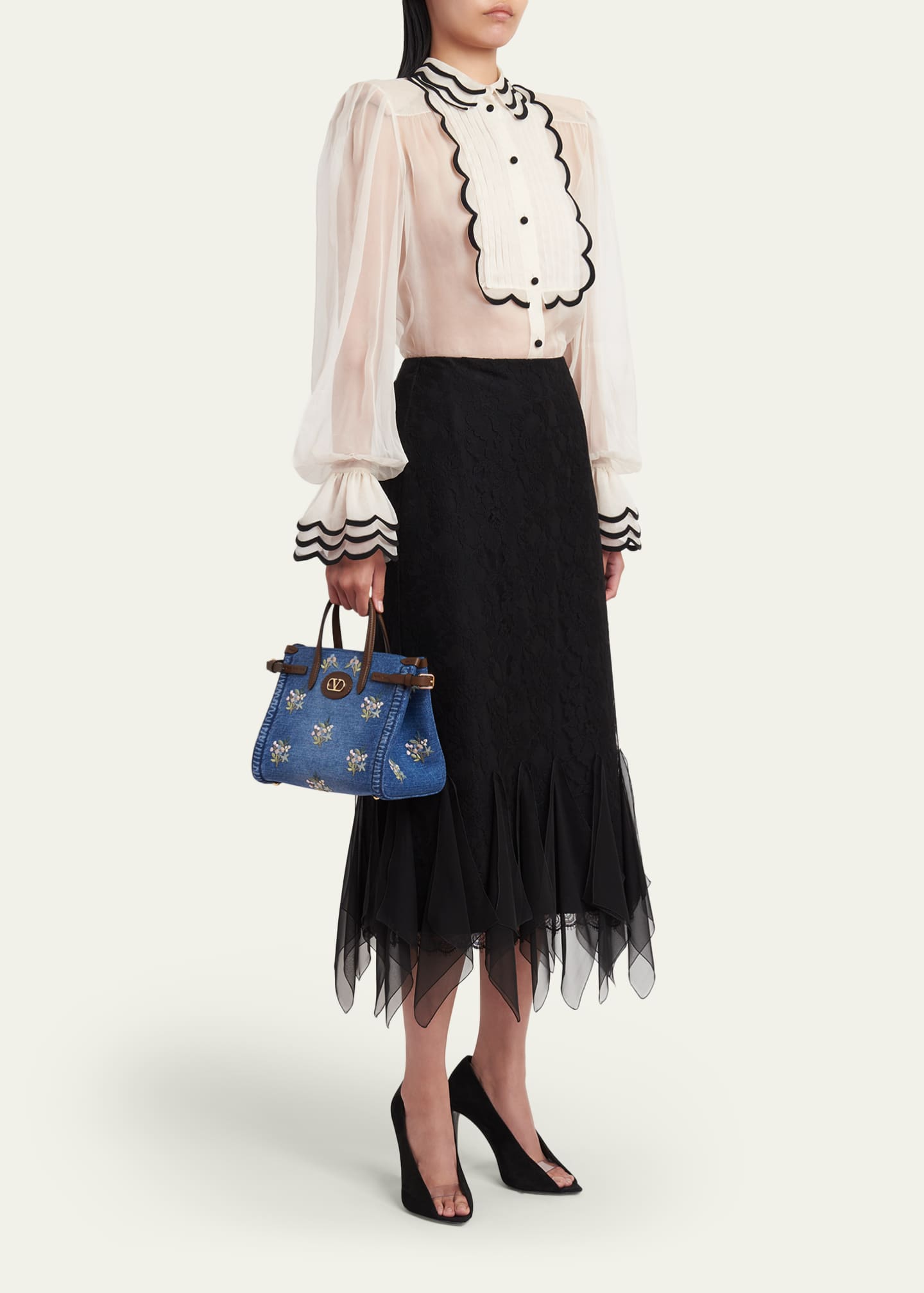 Valentino Garavani Antibes Small Floral-Embroidered Denim Tote Bag