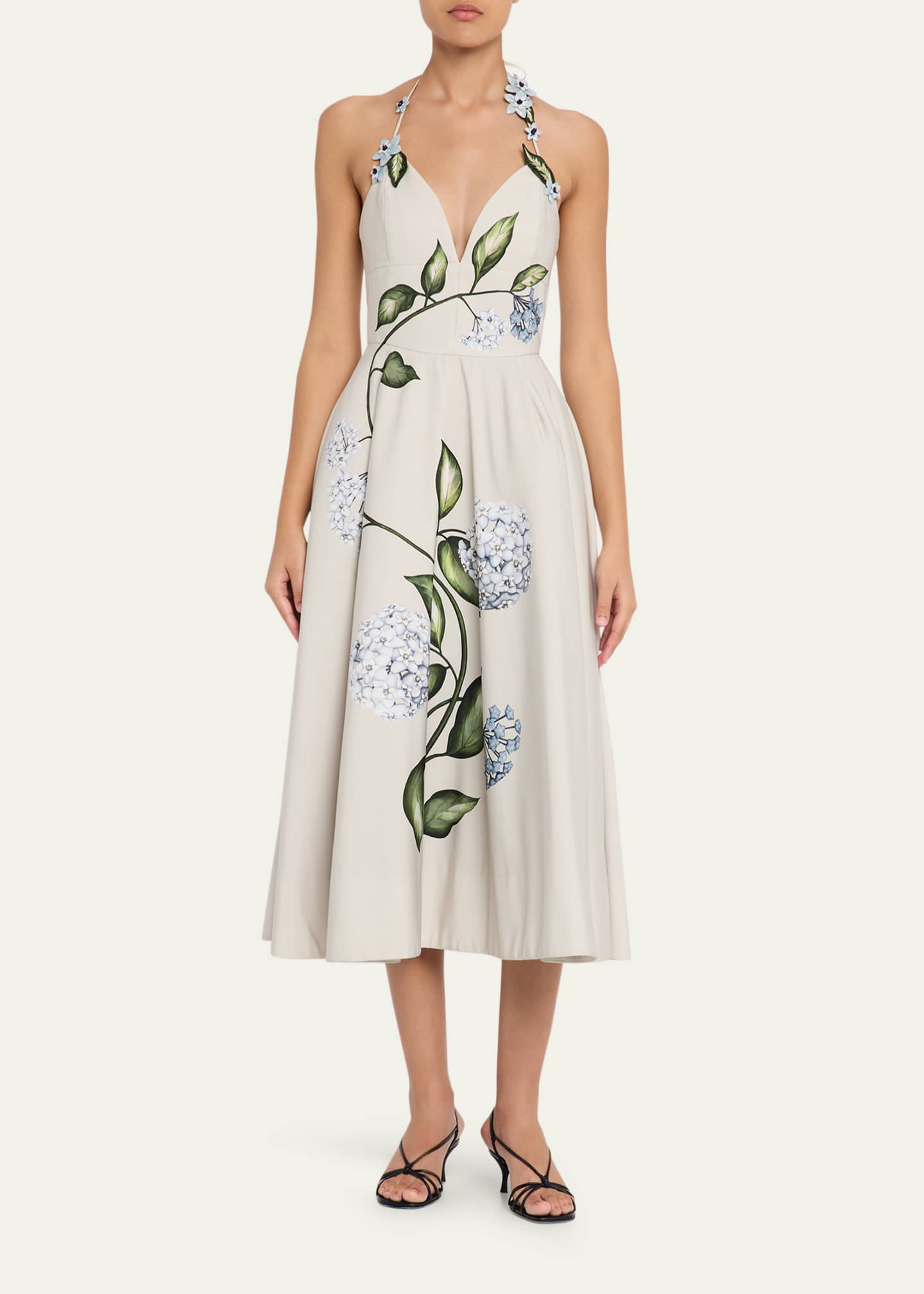 sachin and babi light blue dress Oscar de la Renta Porcelain Flower Embroidered Halter Midi Day Dress