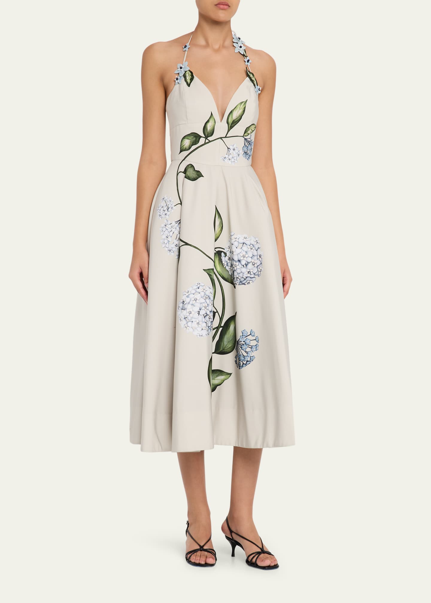 Oscar de la Renta Porcelain Flower Embroidered Halter Midi Day Dress -  Bergdorf Goodman