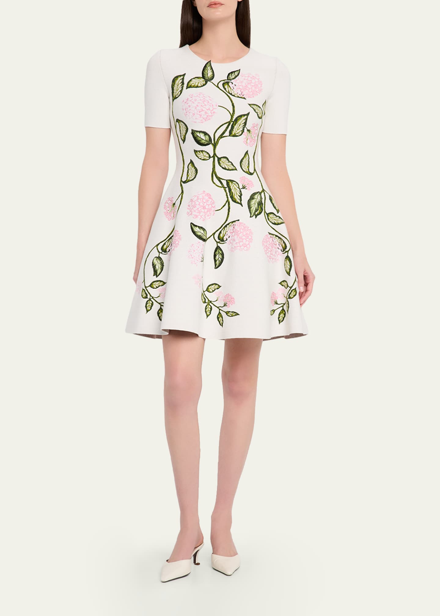 Oscar de la Renta Short-Sleeve Porcelain Flower Knit Mini Dress