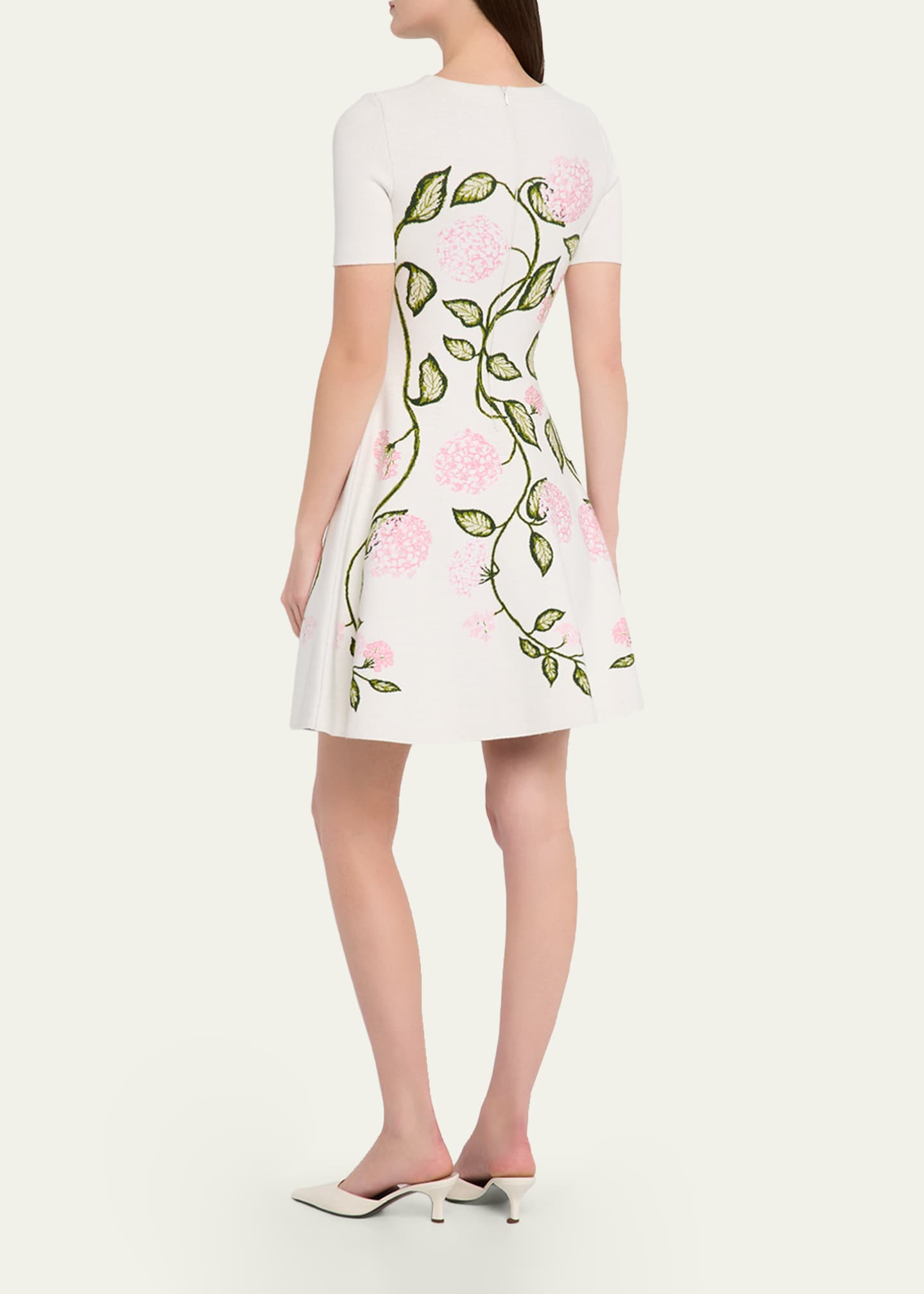 Oscar de la Renta Short-Sleeve Porcelain Flower Knit Mini Dress