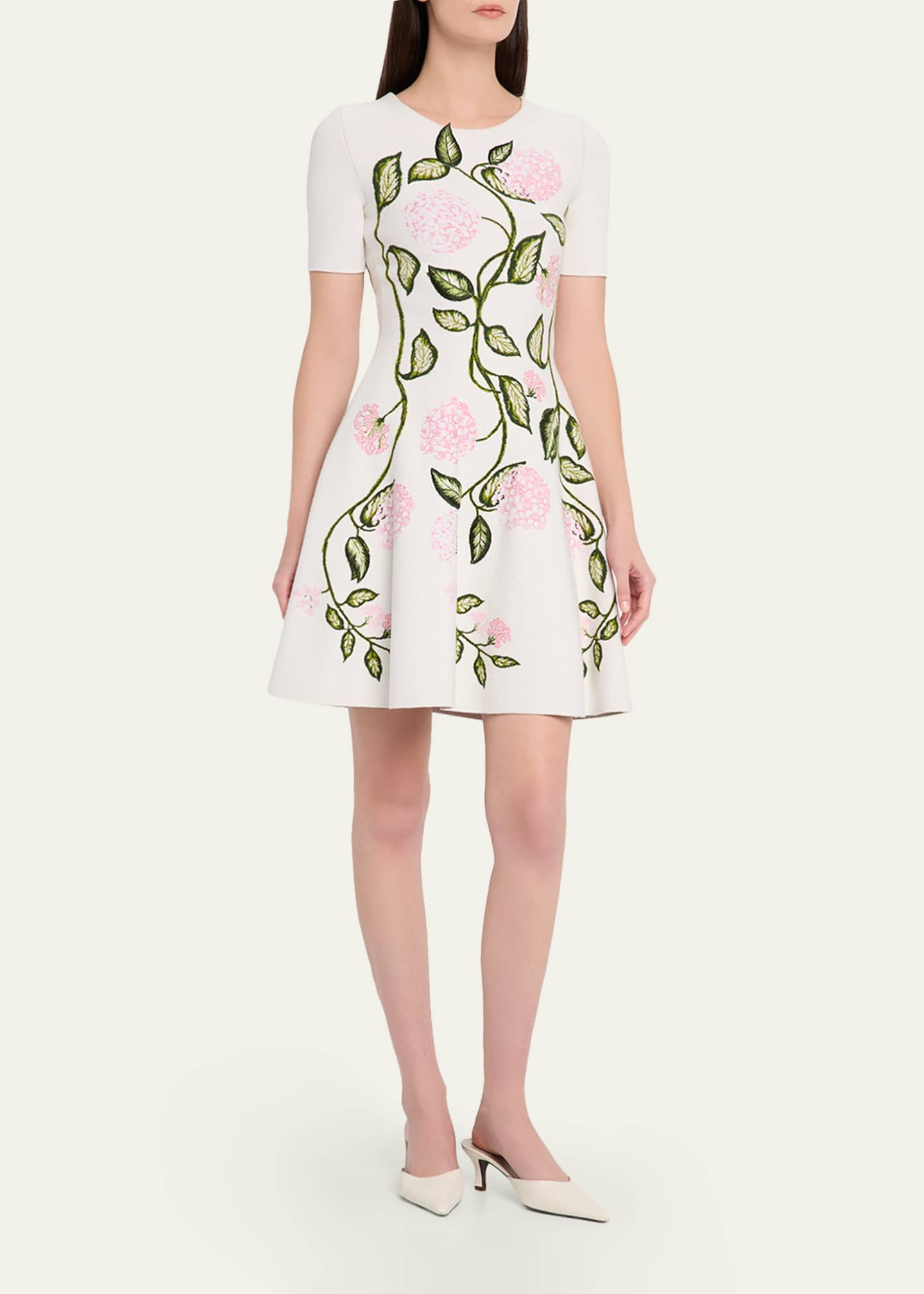 Oscar de la Renta Short-Sleeve Porcelain Flower Knit Mini Dress