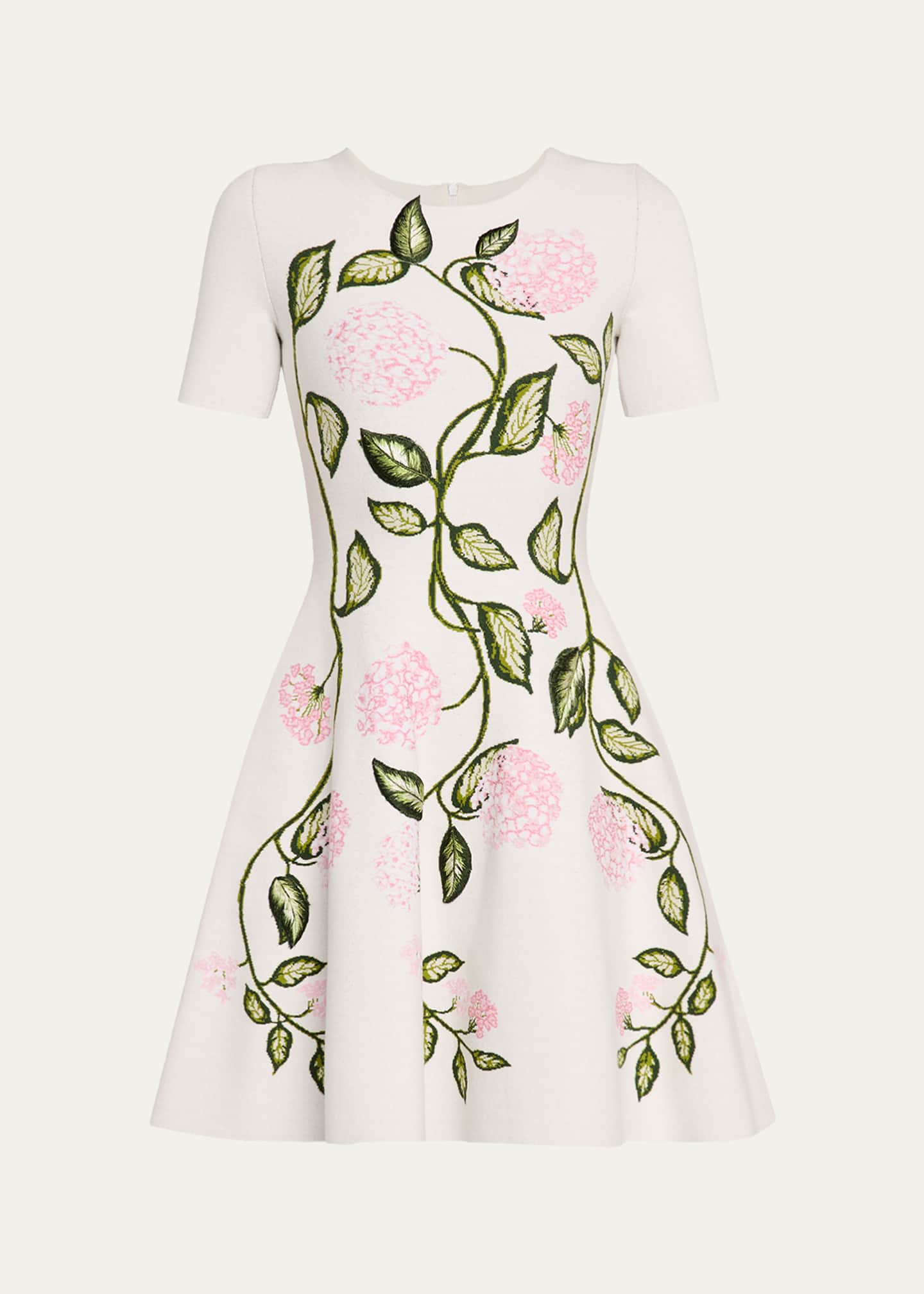 Oscar de la Renta Short-Sleeve Porcelain Flower Knit Mini Dress