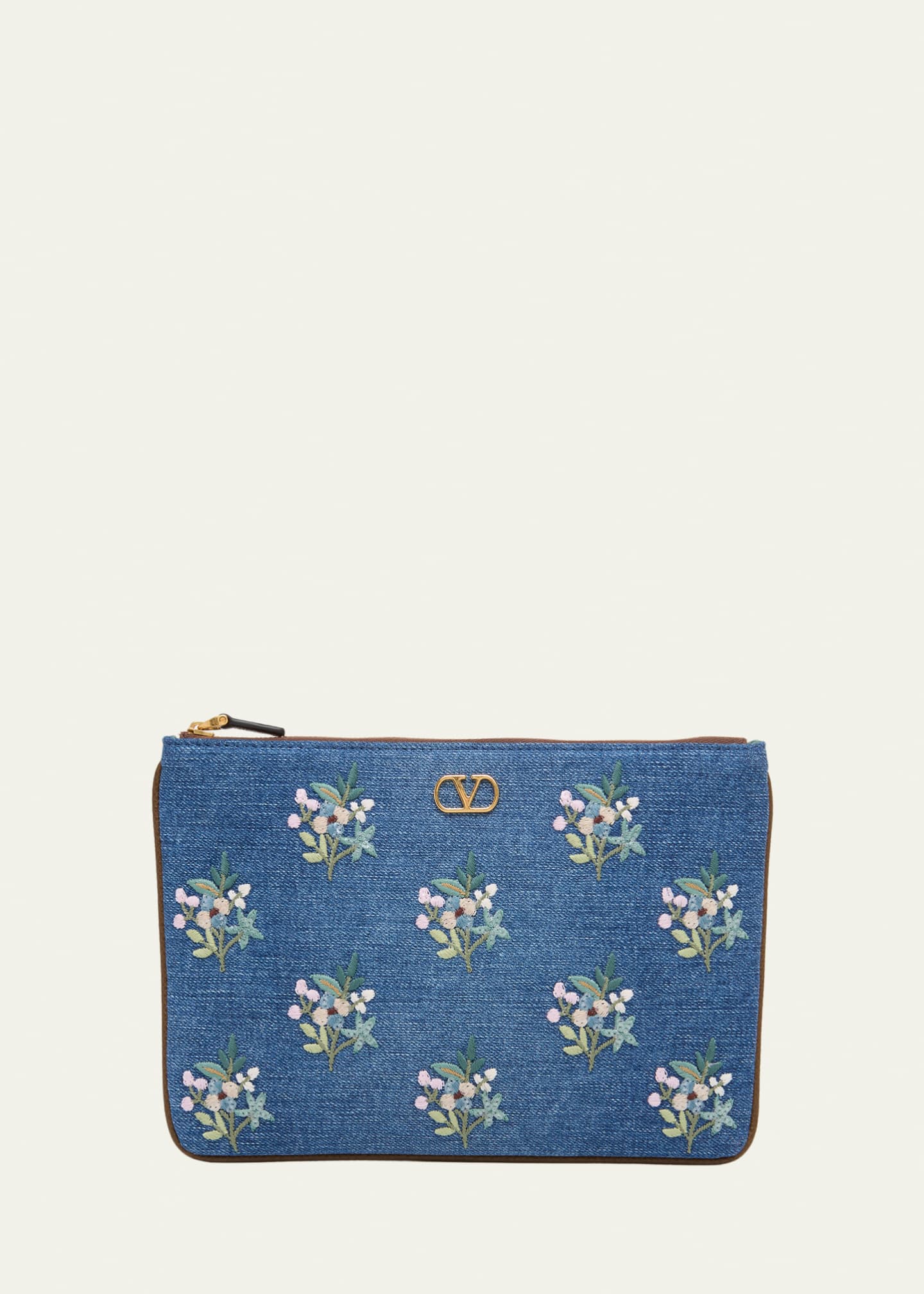 Valentino Garavani Floral-Embroidered Denim VLogo Clutch Bag