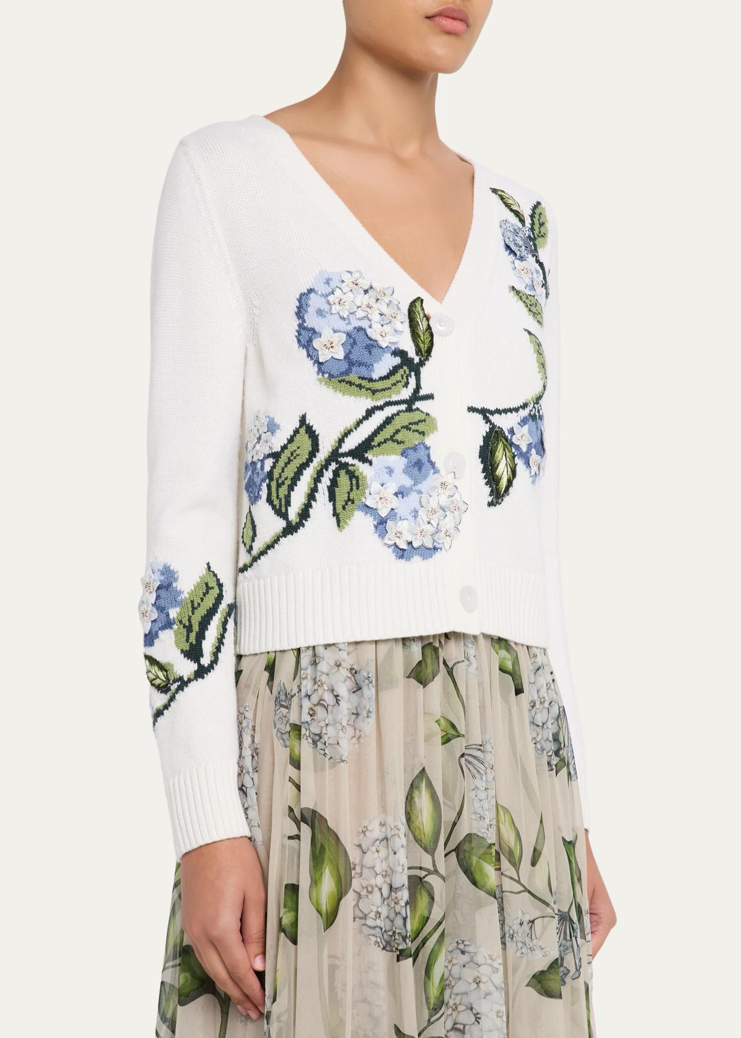 Oscar de la Renta Porcelain Flower Embroidered V-Neck Cardigan 