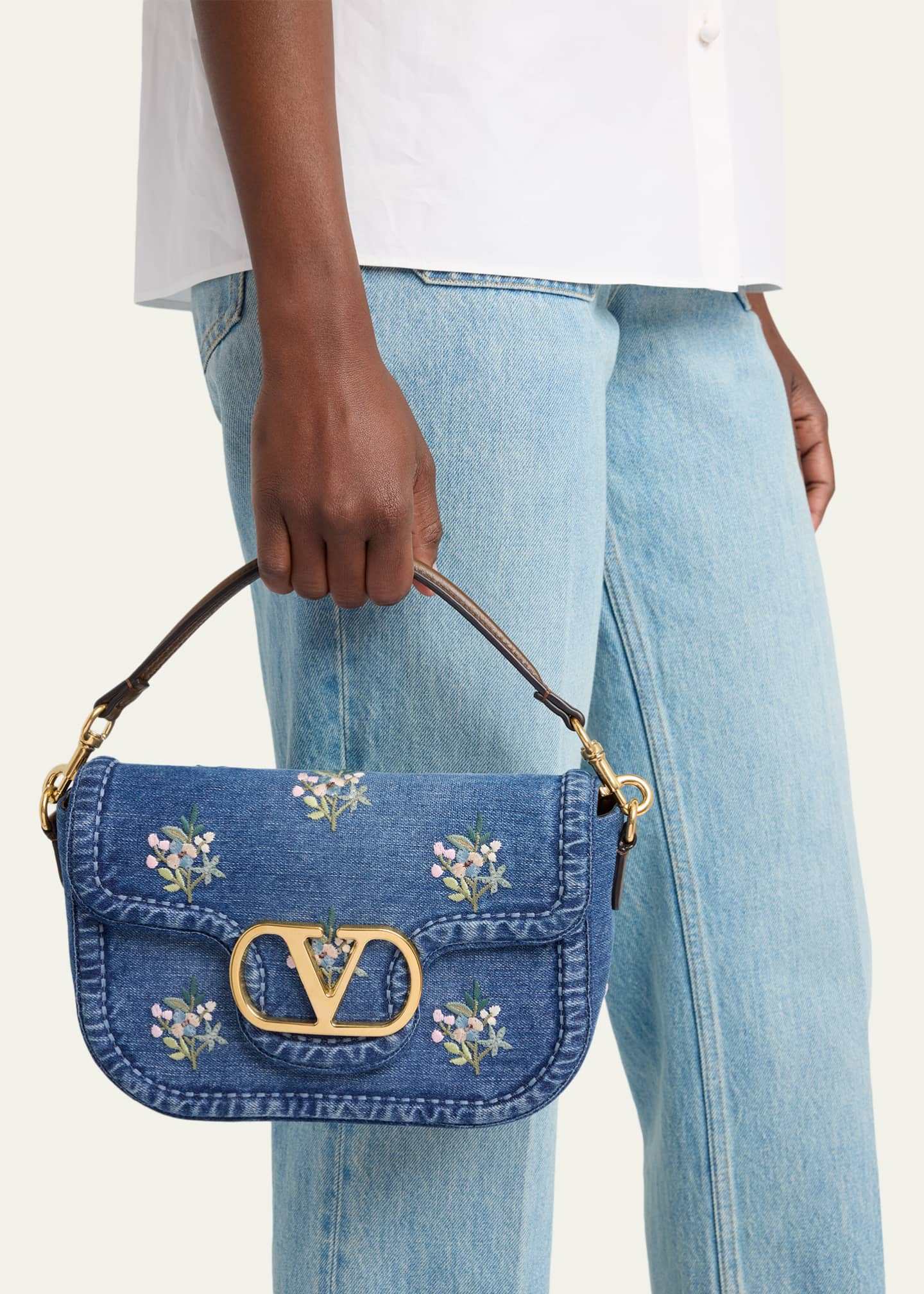 Valentino Garavani Alltime Floral-Embroidered Denim Shoulder Bag