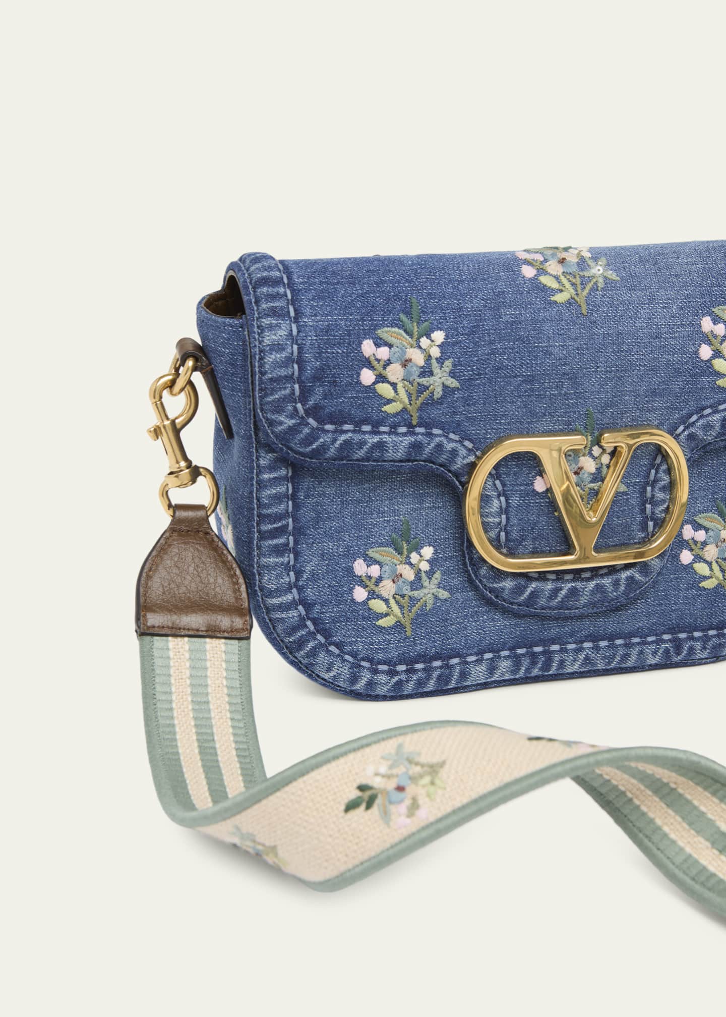Valentino Garavani Alltime Floral-Embroidered Denim Shoulder Bag