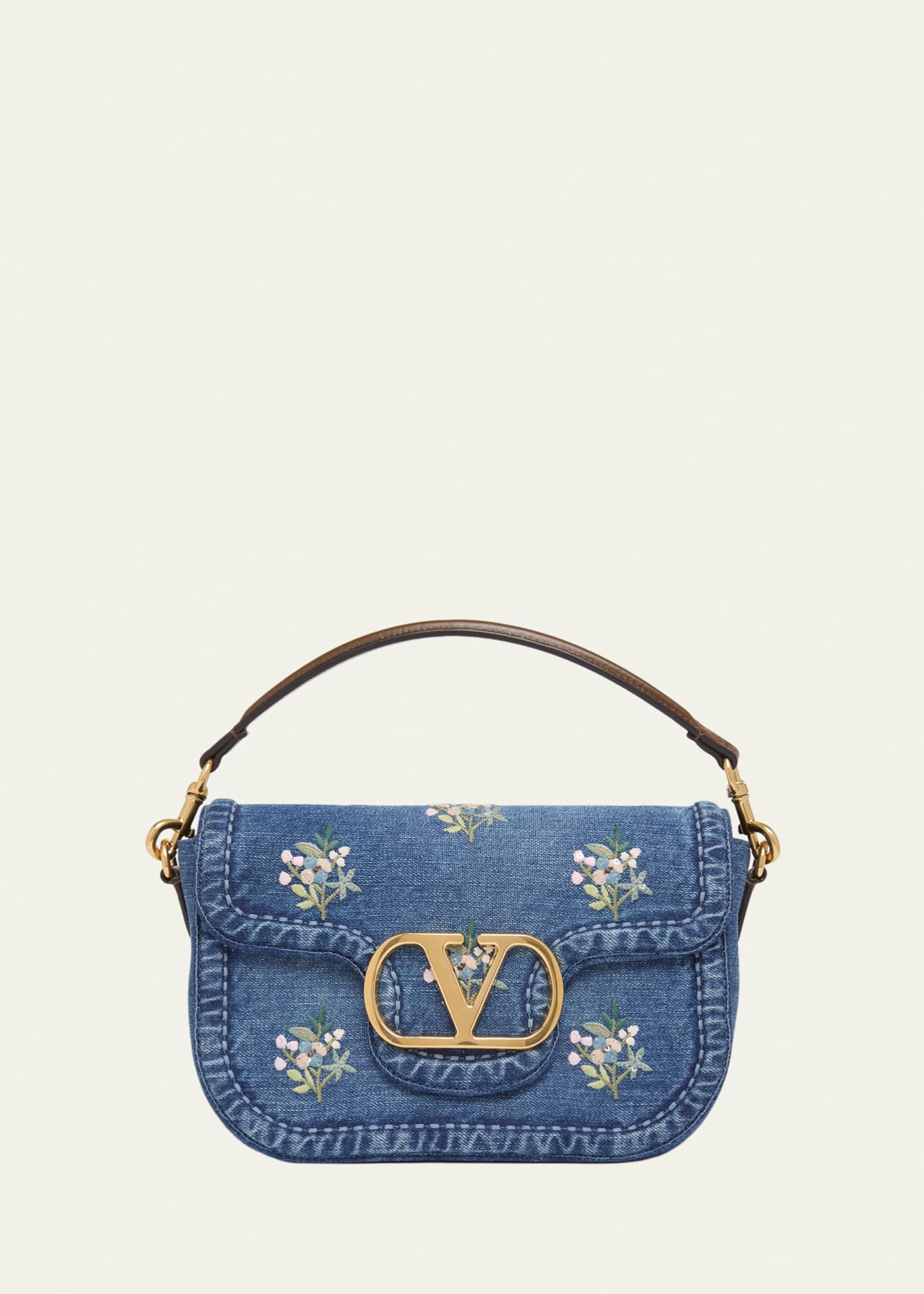 Valentino Garavani Alltime Floral-Embroidered Denim Shoulder Bag
