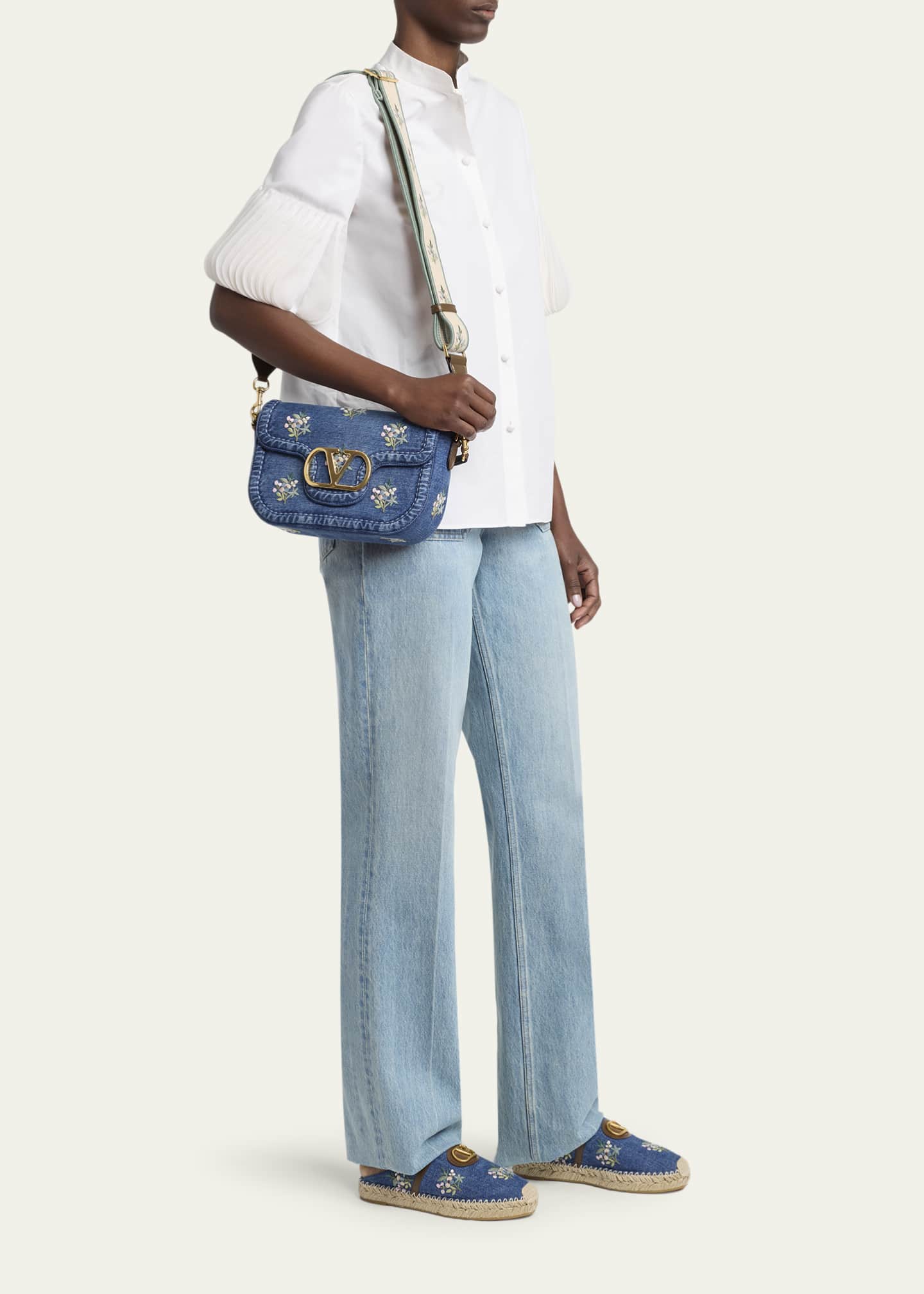Valentino Garavani Alltime Floral-Embroidered Denim Shoulder Bag