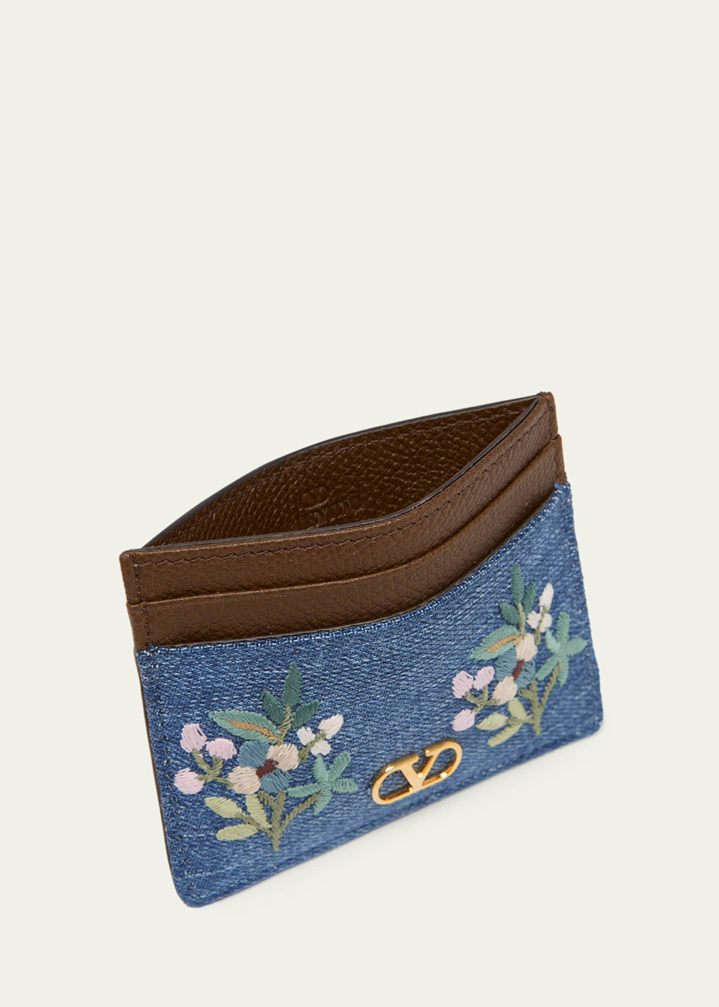 Valentino Garavani Floral-Embroidered Denim & Leather Card Holder