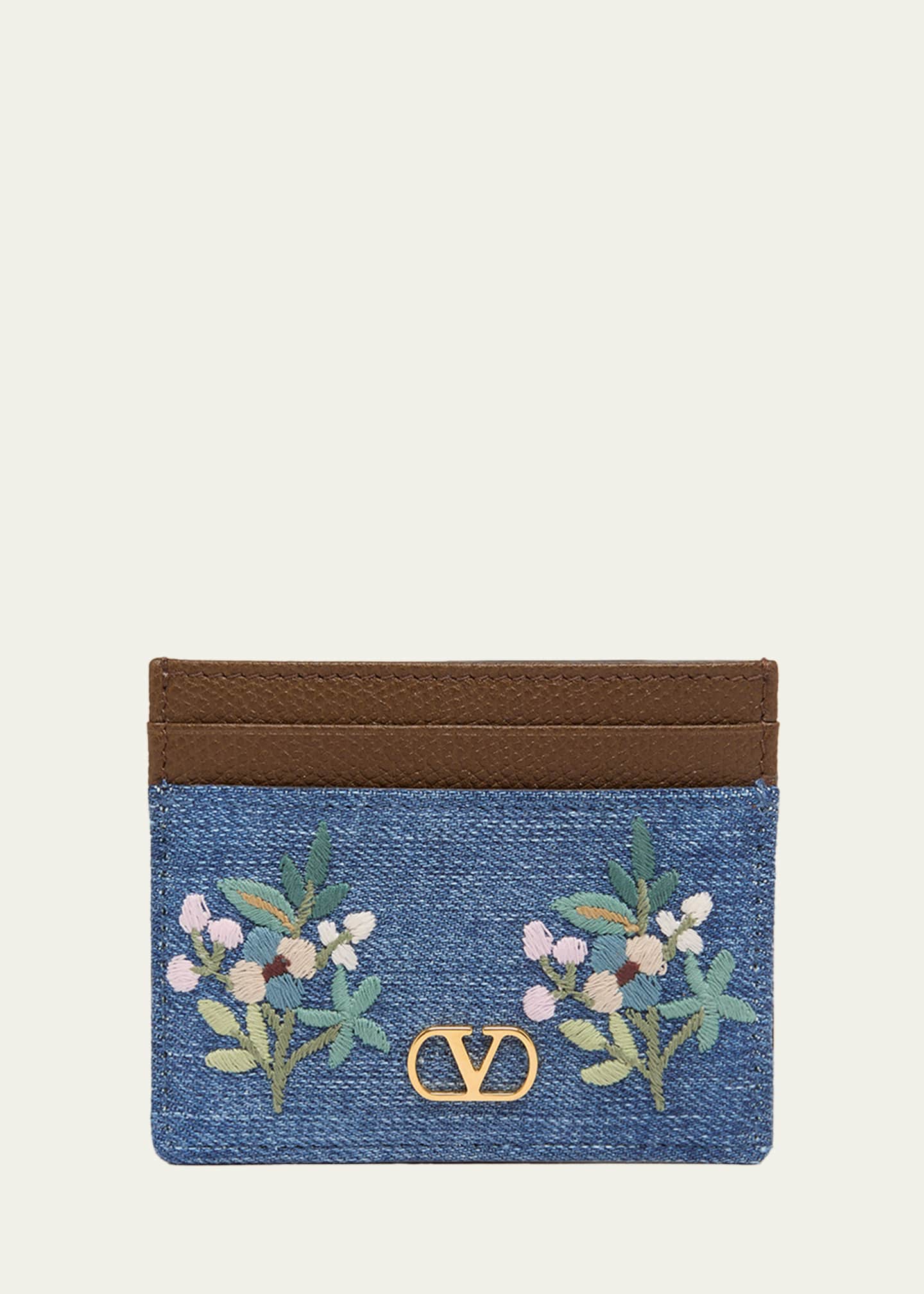 Valentino Garavani Floral-Embroidered Denim & Leather Card Holder