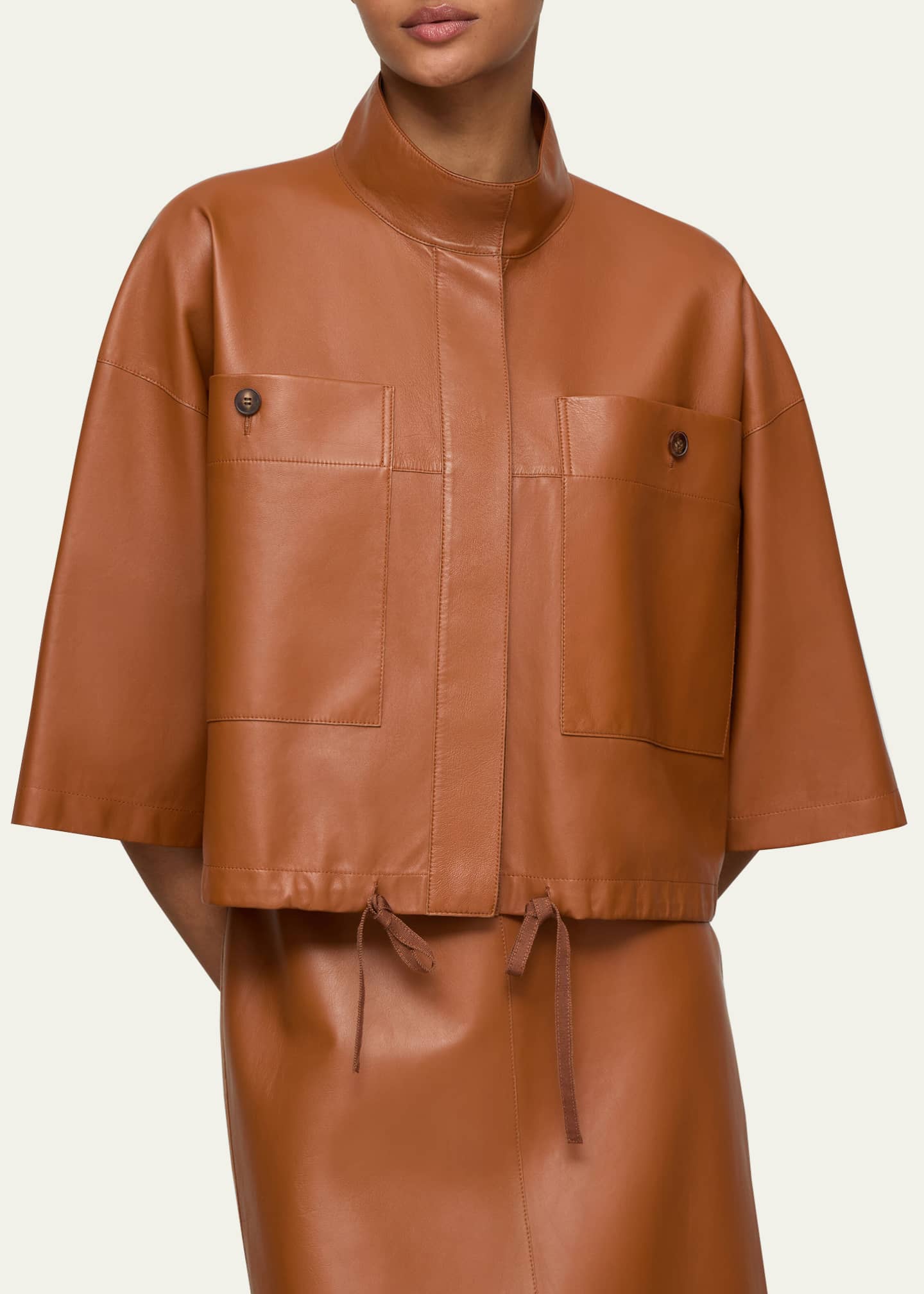 Lafayette 148 New York Oversized Cropped Leather Shirt Jacket