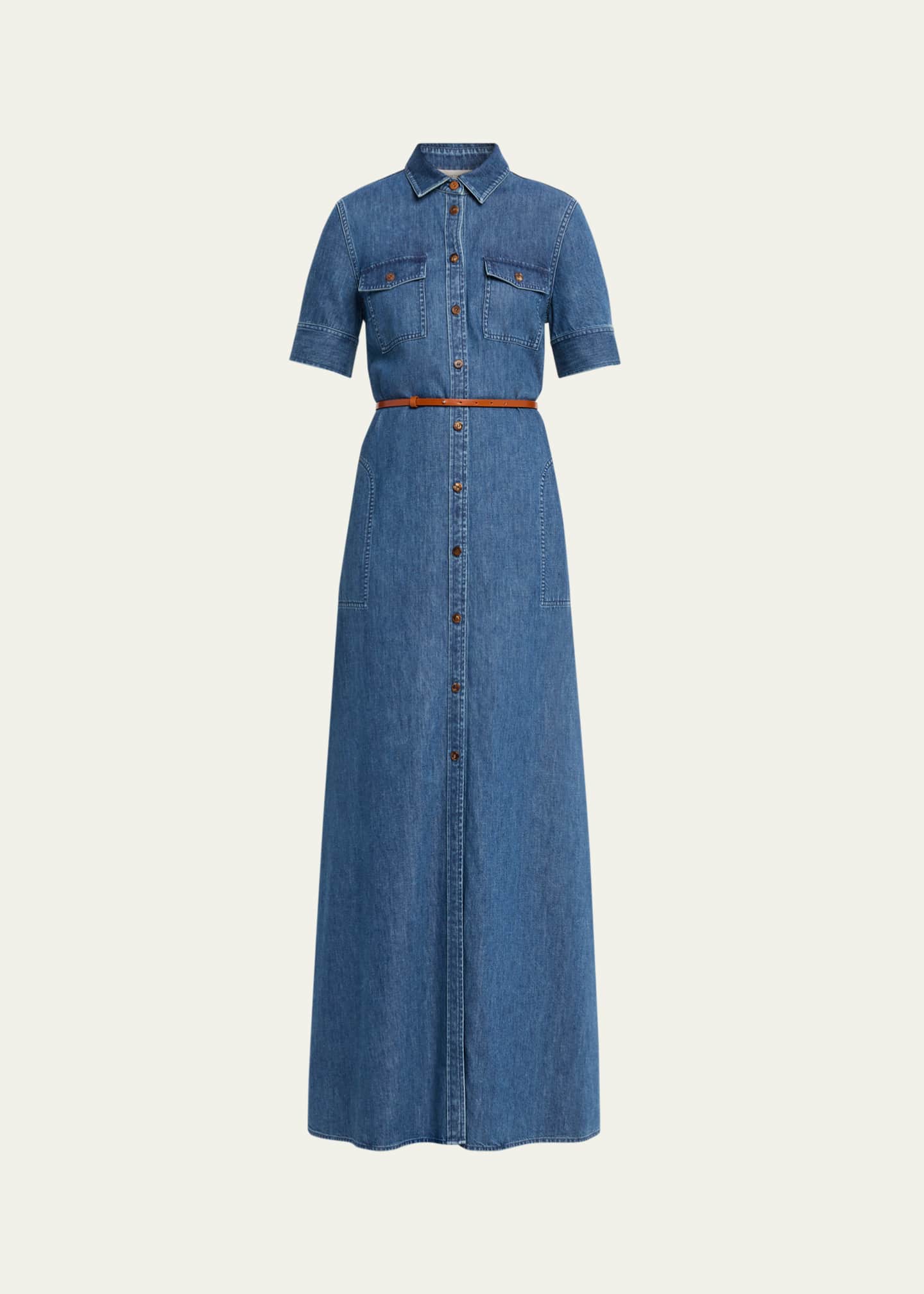 Lafayette 148 New York Chambray Cotton Maxi Shirtdress - Faded Skyline