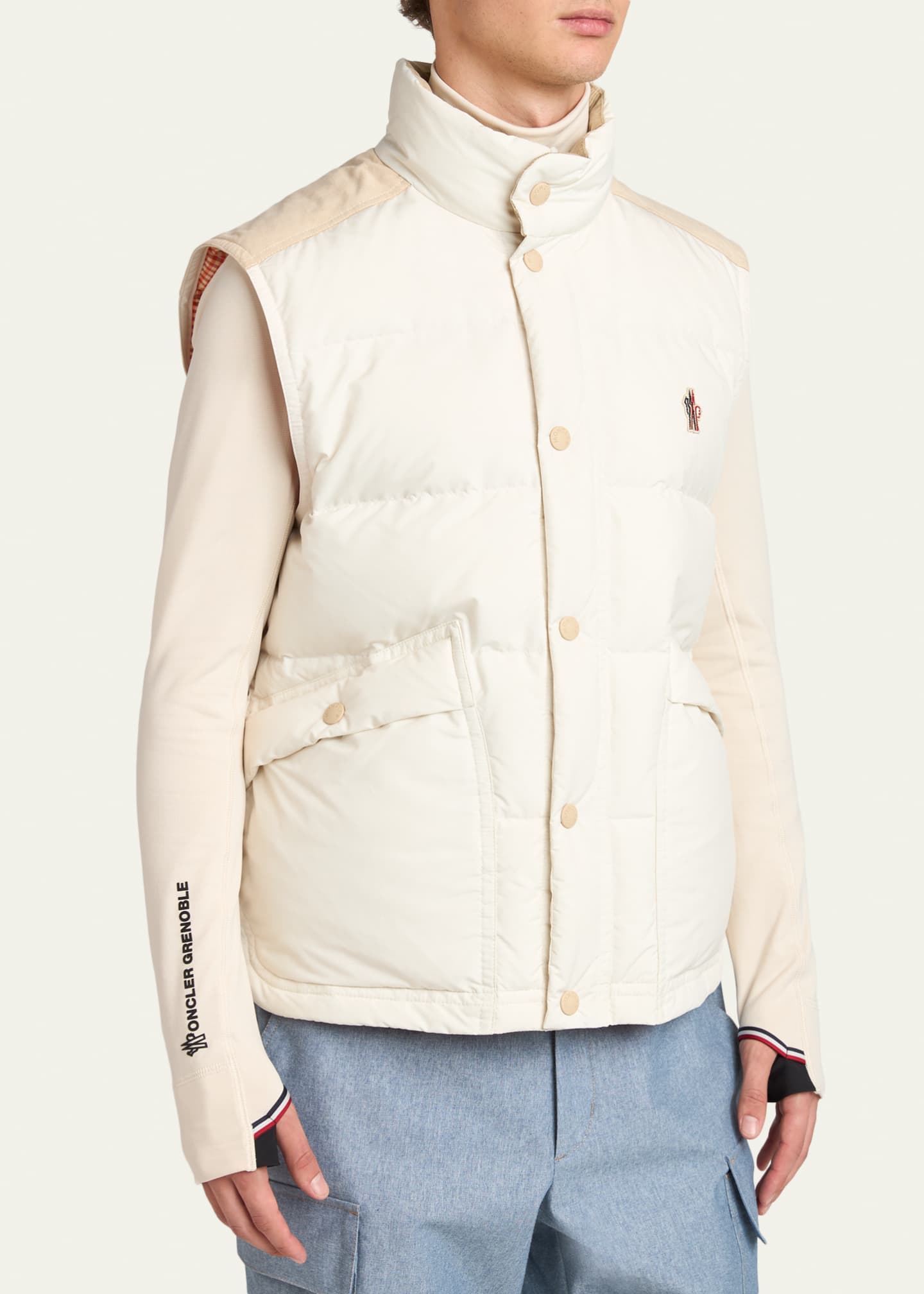 【良品】MONCLER GRENOBLE★AYTRE　ダウンベスト白　金ボタン Moncler Grenoble Men's Suede Yoke Padded Vest - Bergdorf Goodman