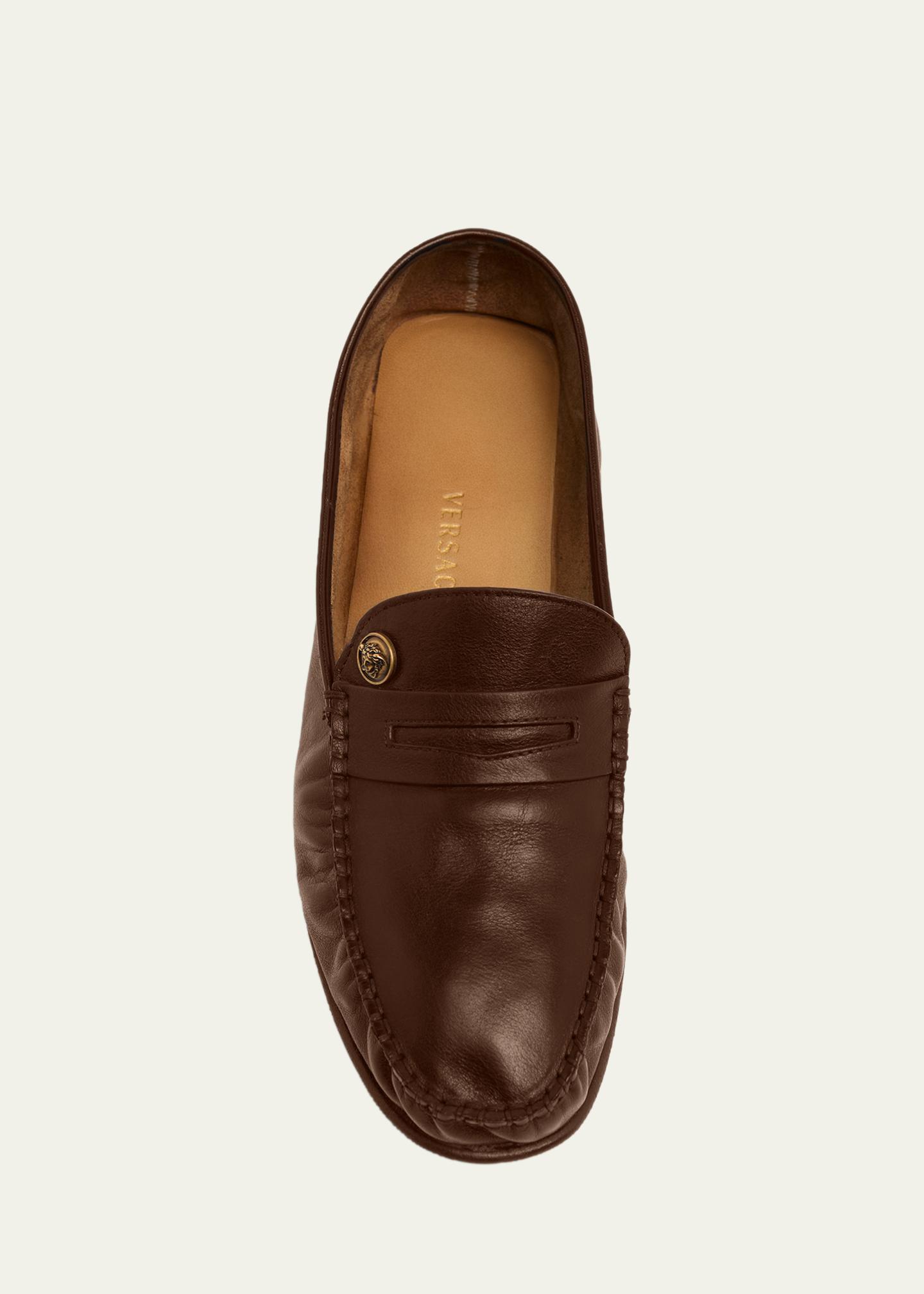Versace Brown Leather Medusa-Emblem Slip-On Loafers NIB Versace Medusa Logo Greca Gold Brown Suede Driving Shoes  main image 3