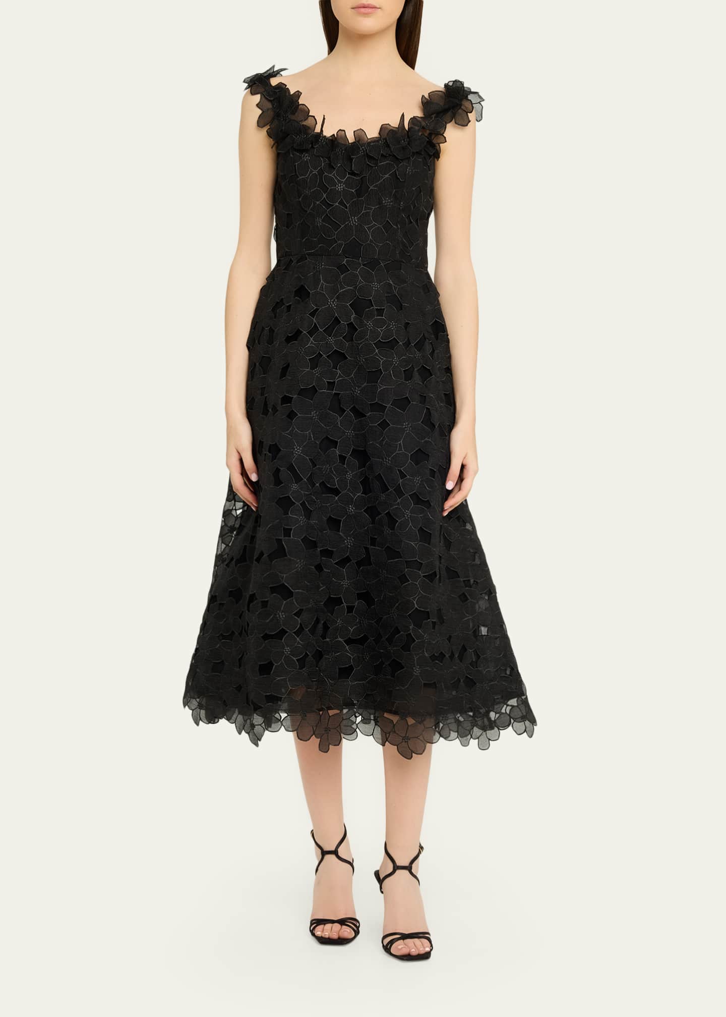 Teri Jon By Rickie Freeman Women's 3D Floral Organza Lace A-Line Midi-Dress - Black Multi - Size 10