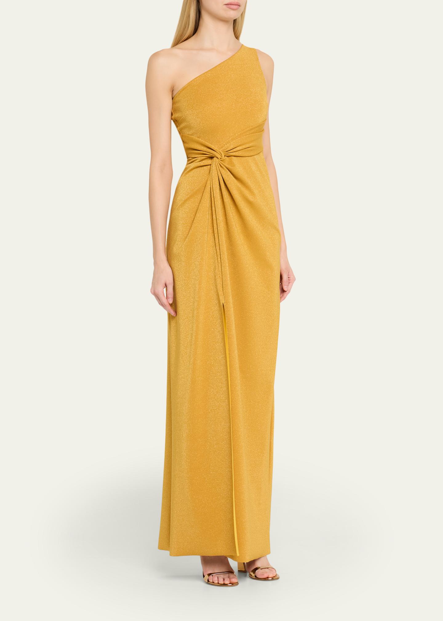 chiara boni gold dress La Petite Robe Otsu One-Shoulder Shimmer Jersey Gown, Bright Gold, Women's, 14, One-Shoulder Gowns V neck homecoming Dress